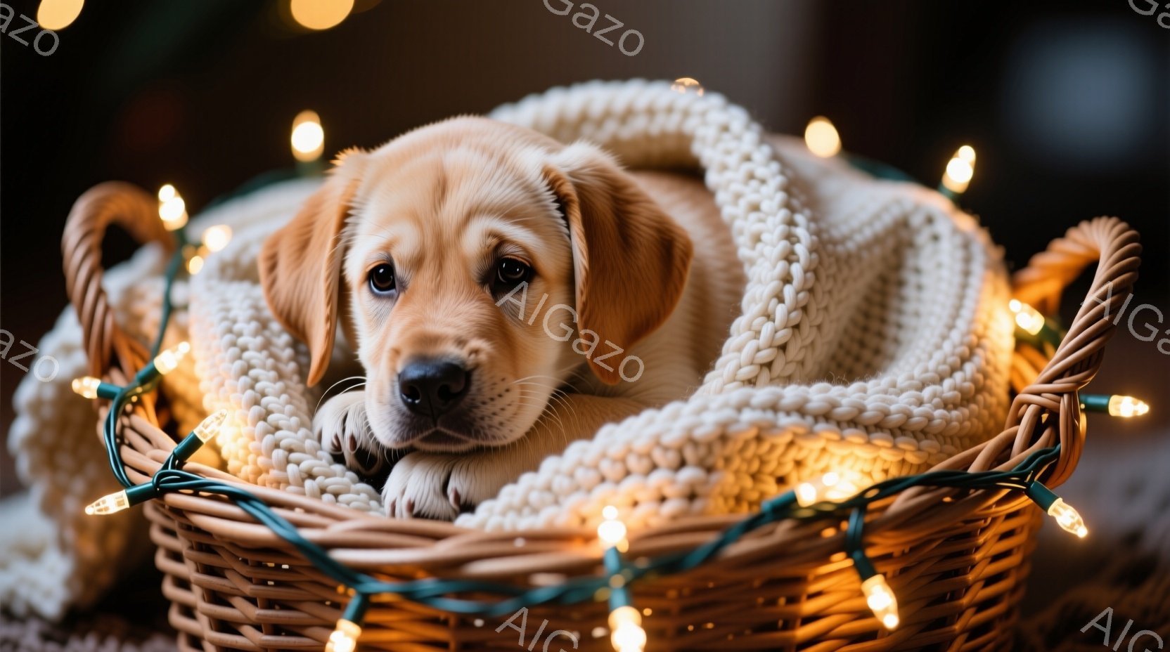 柔らかいニットのブランケットに包まれた子犬が、編まれたバスケットの中に横たわっています。その表情は穏やかで、どこか安心した様子が見て取れます。背景にはぼんやりとした光の点々があり、温かく優しいクリスマ - AI生成フリー素材