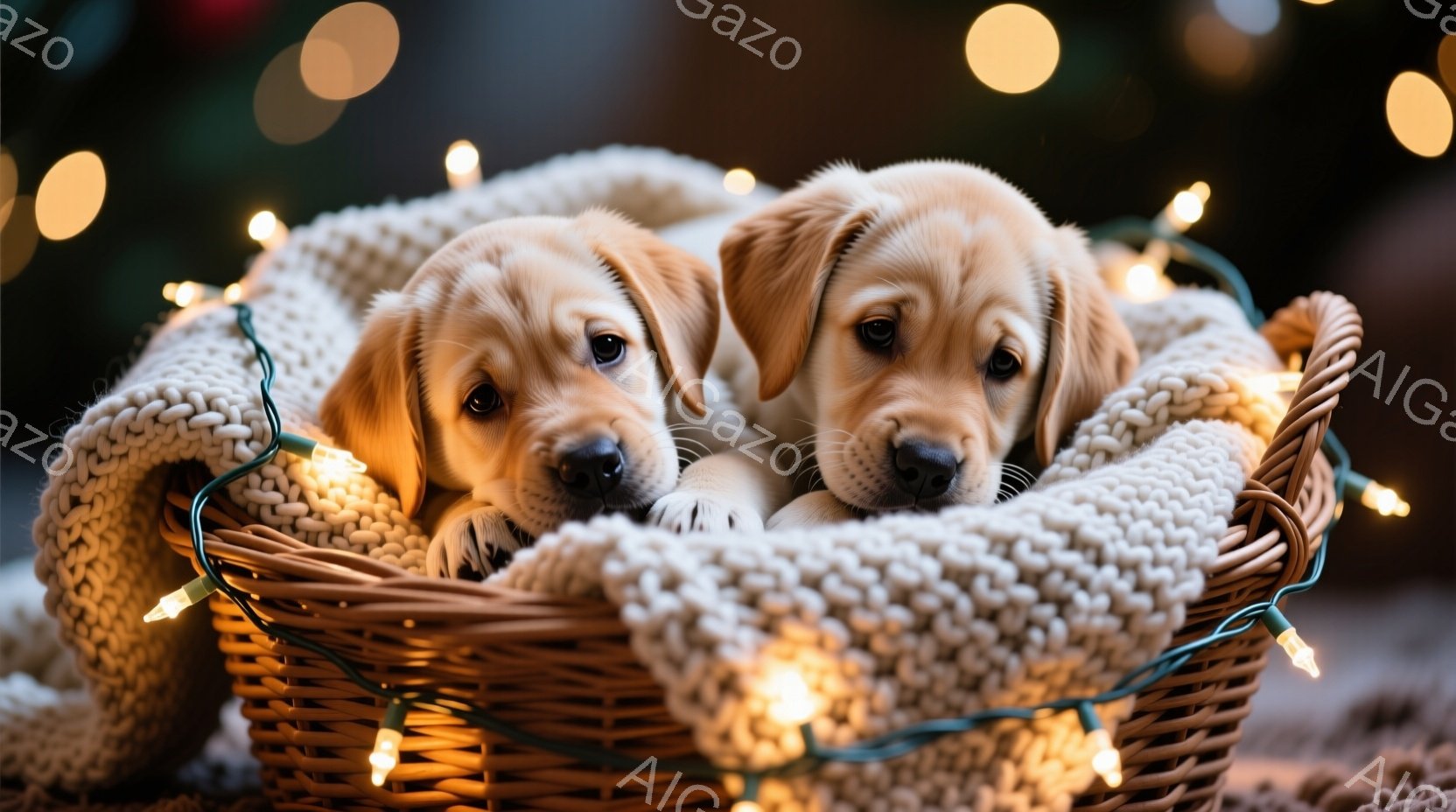 柔らかい編み物のブランケットの中に、二匹のゴールデンレトリバーの子犬が寄り添って眠っています。子犬たちは茶色い毛並みで、つぶらな瞳で穏やかな表情をしています。背景にはぼやけた光の装飾があり、温かく、居 - AI生成フリー素材