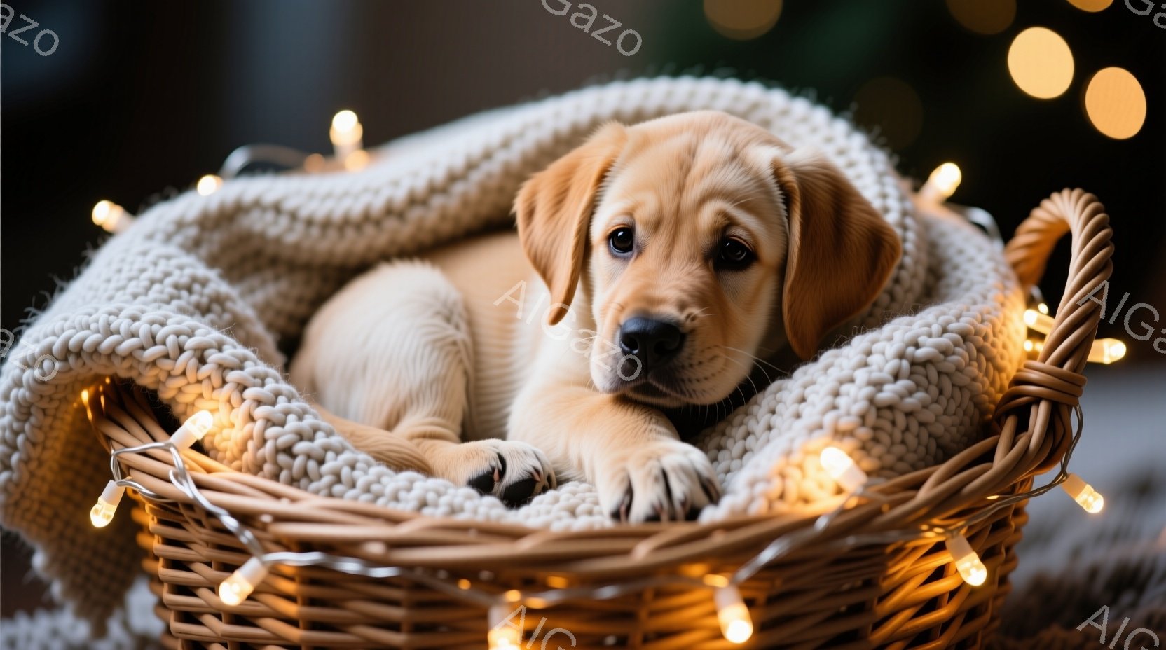 柔らかいクリーム色のニットで敷かれたバスケットの中に、小さなゴールデンレトリバーの子犬が丸まって眠っている。子犬は優しい表情で、前足を伸ばし、リラックスした様子が伝わる。背景にはぼやけた光のストリング - AI生成フリー素材
