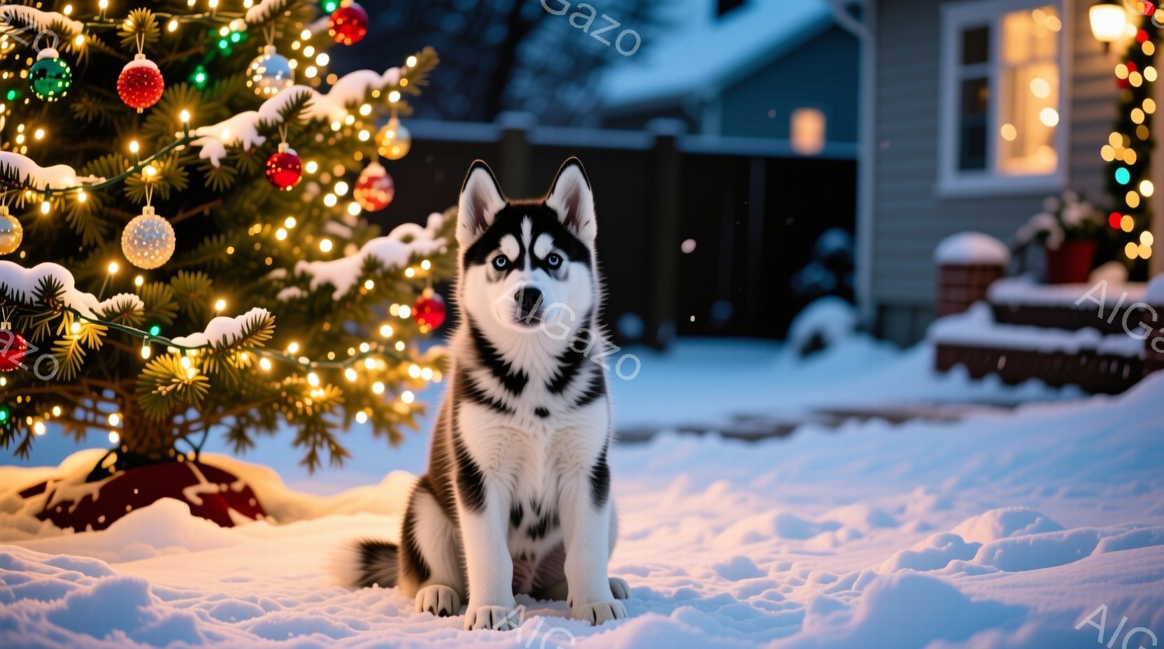 白と黒の毛並みを持つシベリアンハスキーが雪の上に座り、正面を見つめている。背景にはクリスマスツリーが飾られ、家屋と庭が雪に覆われている。夜の暗い空に輝くイルミネーションが、暖かく穏やかなクリスマスの雰囲気を醸し出している。