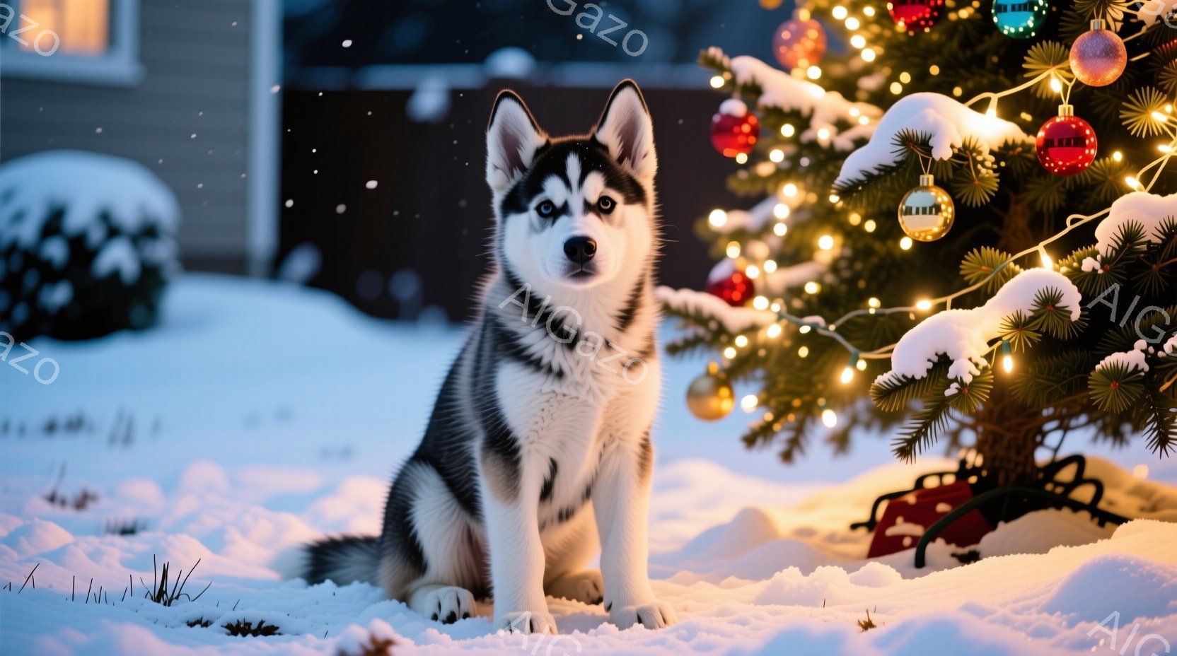 白い雪景色の中に、シベリアンハスキーが座って正面を見ています。背景にはクリスマスツリーが飾られ、暖かい光が降り注いでおり、遠くには建物が見えます。全体的に、静かで心温まる冬の風景が表現されています。 - AI生成フリー素材