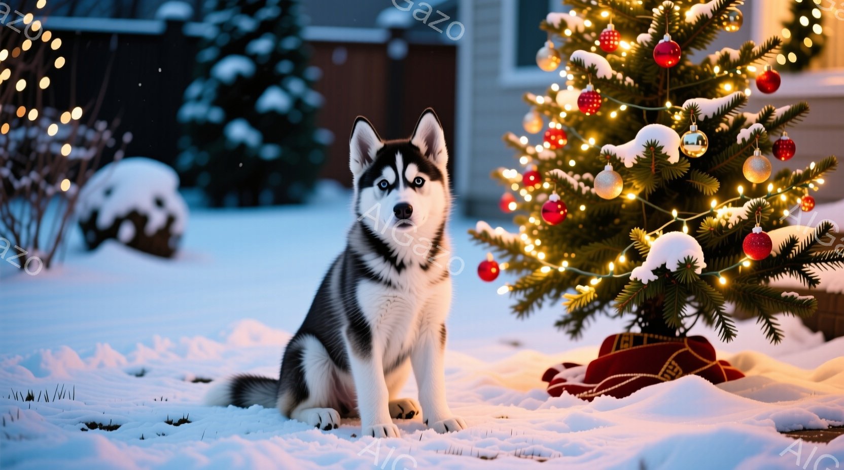 雪景色の中で、美しいシベリアンハスキーが正面を向いて座っています。背景には、カラフルなオーナメントと電飾で飾られたクリスマスツリーがあり、暖かくお祝いの雰囲気を醸し出しています。雪はふり積もり、全体的 - AI生成フリー素材