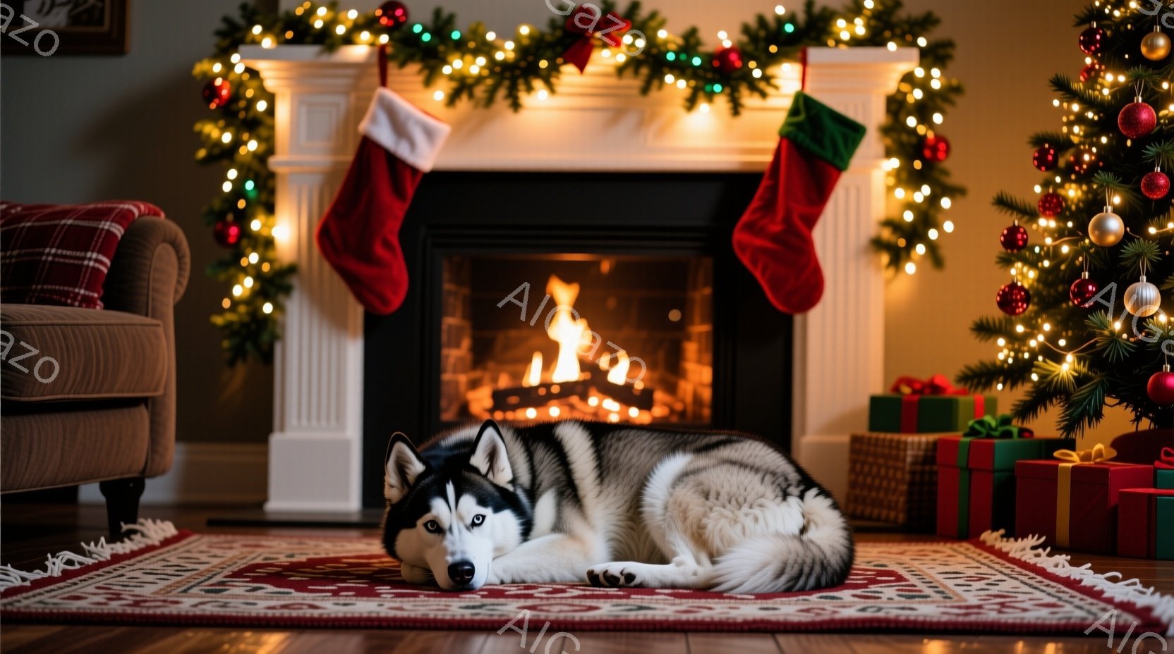 白と黒のシベリアンハスキーが、暖炉の前にある赤い絨毯の上で横たわっています。暖炉には火が灯っており、その上にはクリスマスストッキングが飾られています。背景にはクリスマスツリーとプレゼントの山があり、暖 - AI生成フリー素材