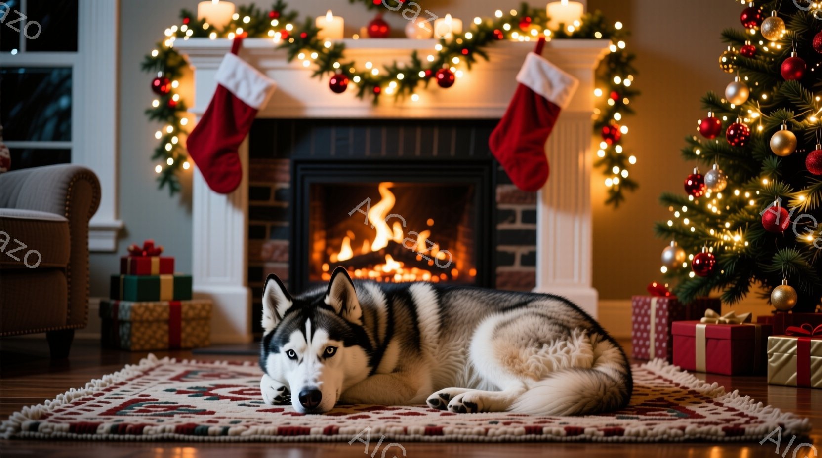 暖炉の前に敷かれたカーペットの上で、シベリアンハスキーが横たわっています。背景には、クリスマスツリーとプレゼントの山、そして暖炉から立ち上る炎が見え、温かく居心地の良い雰囲気が漂っています。暖炉の上に - AI生成フリー素材