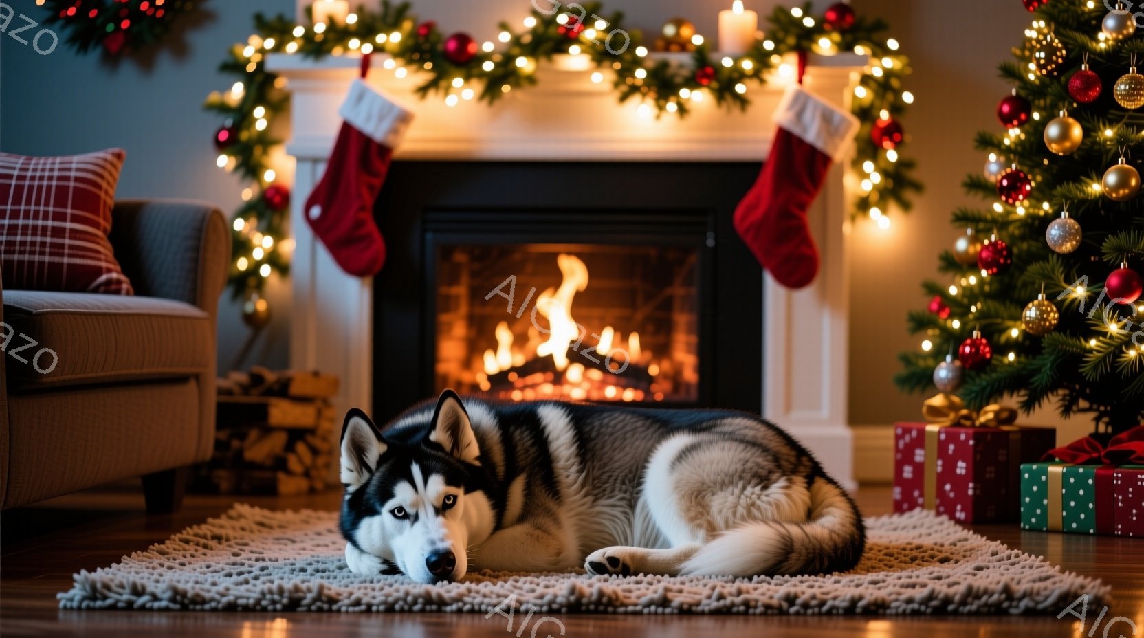 白と黒のシベリアンハスキーが、白いラグの上に横たわってこちらを見ています。暖炉の火が暖かく光り、クリスマスツリーとプレゼントが部屋を彩っています。全体的に温かく、居心地の良いクリスマスの雰囲気が漂って - AI生成フリー素材