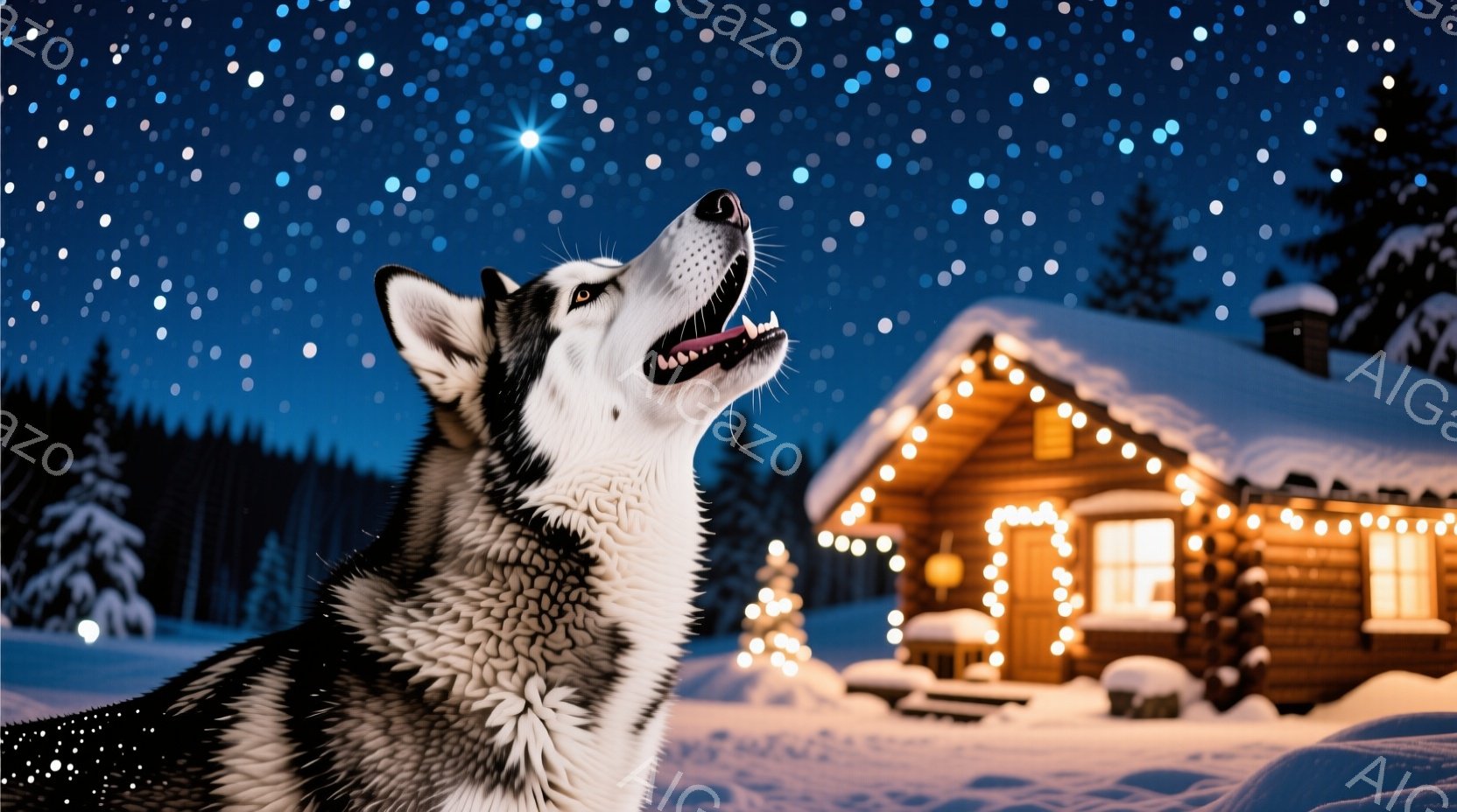 シベリアンハスキーが雪景色の中で、興奮した表情で空を見上げています。背景には、クリスマスライトで飾られた温かみのある木造のキャビンがあり、周囲は雪に覆われた森林で、夜空には星が輝いています。全体的に、 - AI生成フリー素材