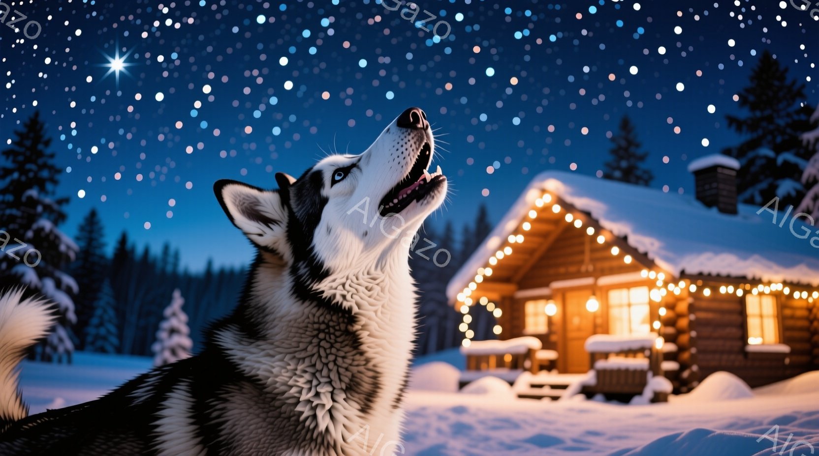 シベリアンハスキーが雪原で空を見上げています。背景には、温かい光を放つログハウスがあり、雪景色と星空が幻想的な雰囲気を醸し出しています。犬は口を開けて遠吠えをしているように見え、冬の夜の静けさの中に響き渡るような印象を与えます。