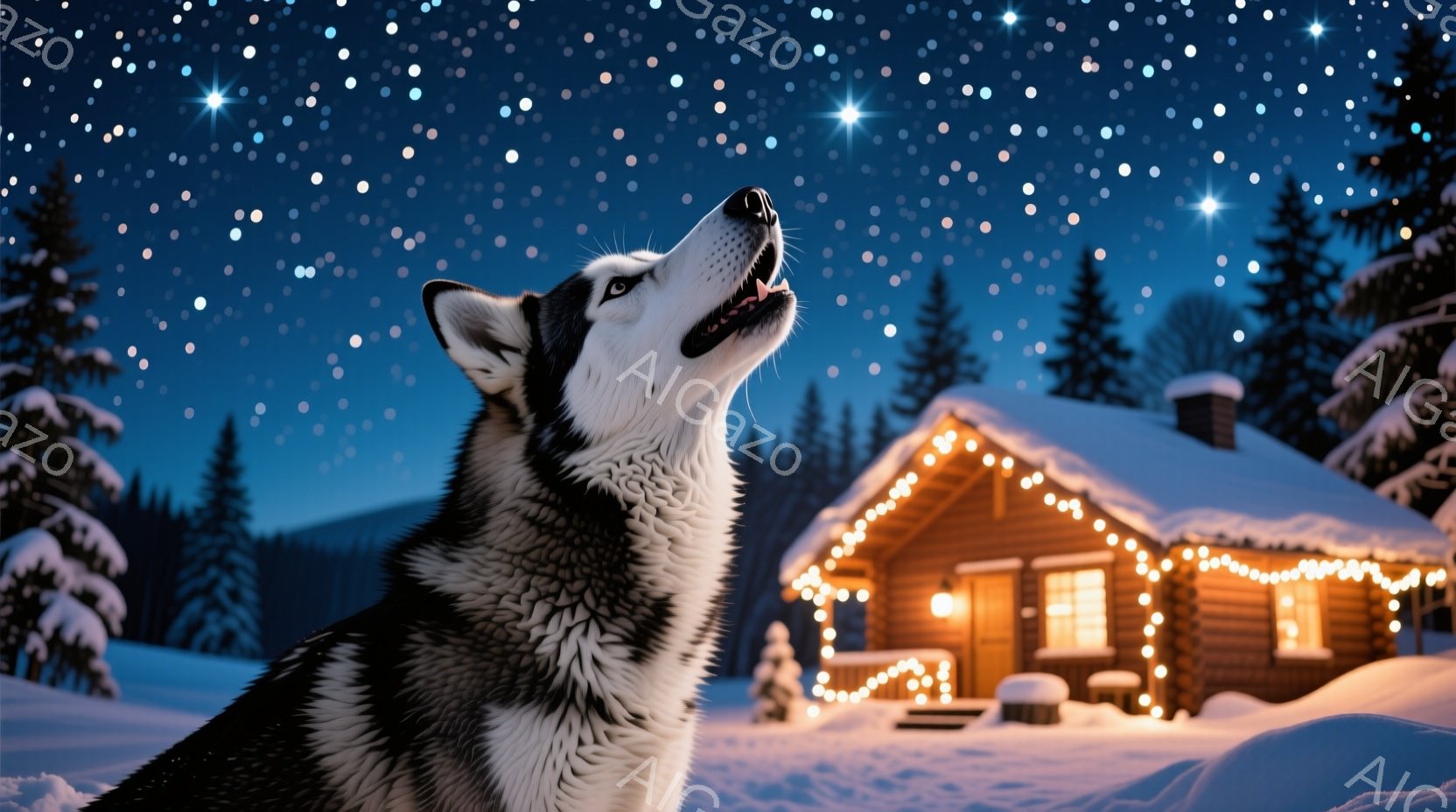 シベリアンハスキーが雪景色の中で上を向いて遠吠えをしている。背景には、クリスマスの飾り付けがされた丸太小屋と、雪をまとった木々が広がり、夜空には星が輝いている。全体的に、冬の静寂と神秘的な雰囲気が漂っている。