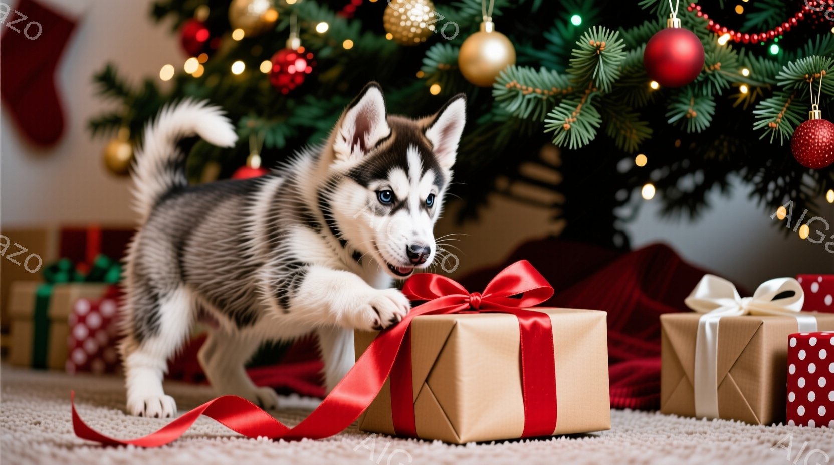 白と黒の毛並みを持つ子犬が、赤いリボンで結ばれた茶色のギフトボックスを口で引っ張っています。背景にはクリスマスツリーが飾られ、他のギフトボックスや赤い布が散らばっています。全体的に暖かく、お祝いの雰囲 - AI生成フリー素材