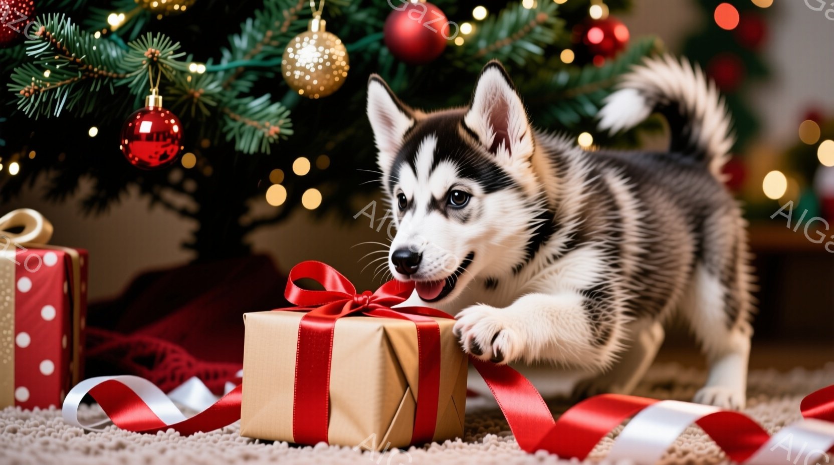 クリスマスツリーの足元に、茶色の包装紙で丁寧に包まれたプレゼントが置かれ、その隣には、ふわふわの毛並みを持つ子犬がいます。子犬は片手をプレゼントに置き、好奇心旺盛な表情で何かを確かめているようです。背景にはぼやけたクリスマスツリーの飾りと、暖かく優しい光が広がり、穏やかで心温まる雰囲気を醸し出しています。