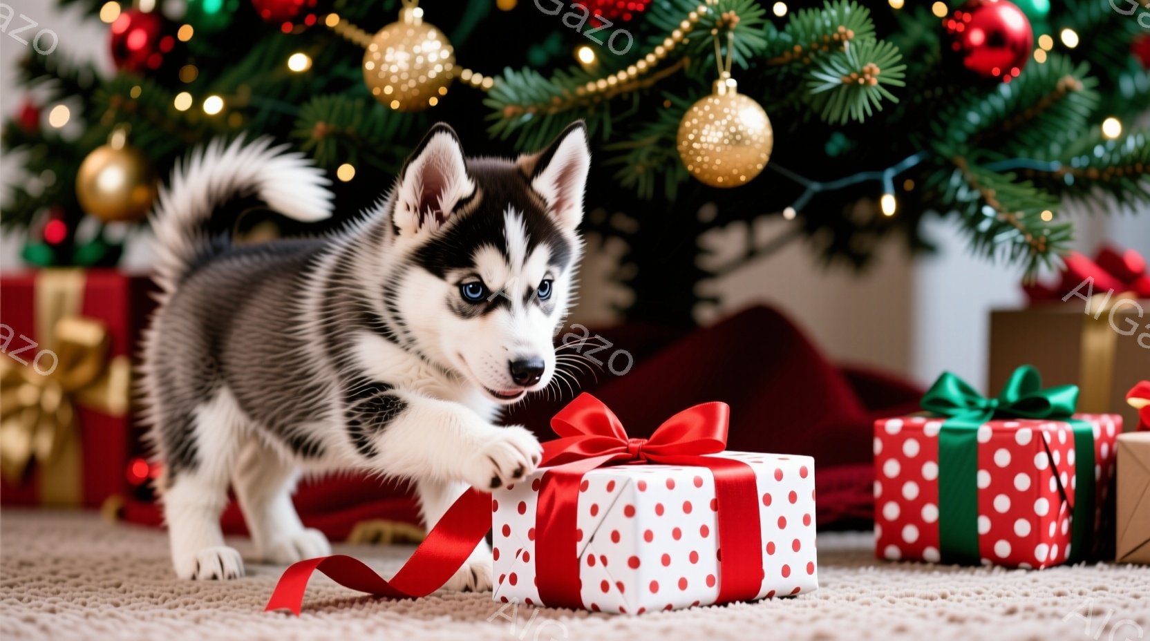 白と黒の毛並みを持つ子犬が、赤いリボンと水玉模様のプレゼントボックスに前足をかけて遊んでいます。背景にはクリスマスツリーが飾られ、他のプレゼントボックスも置かれており、暖かくお祝いの雰囲気です。子犬は - AI生成フリー素材