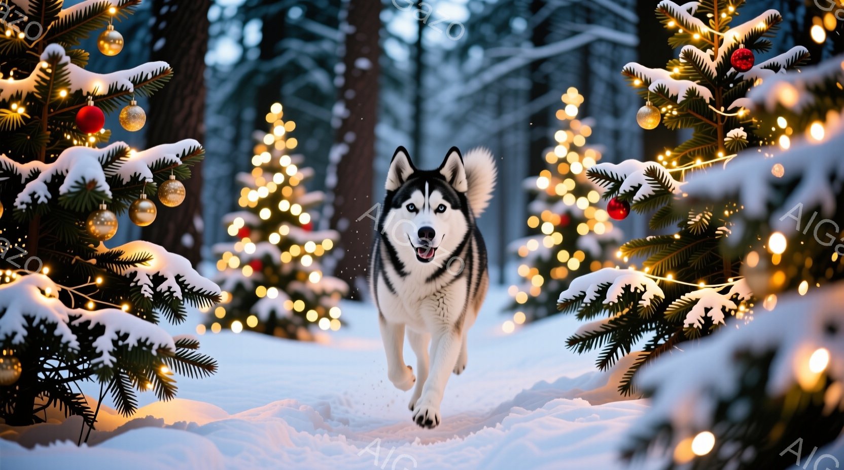 シベリアンハスキーが雪景色の中を力強く駆けている。背景にはイルミネーションで飾られたクリスマスツリーがぼんやりと見え、雪が舞う冬の幻想的な雰囲気を醸し出している。ハスキーは嬉しそうに口を開け、雪煙を上 - AI生成フリー素材