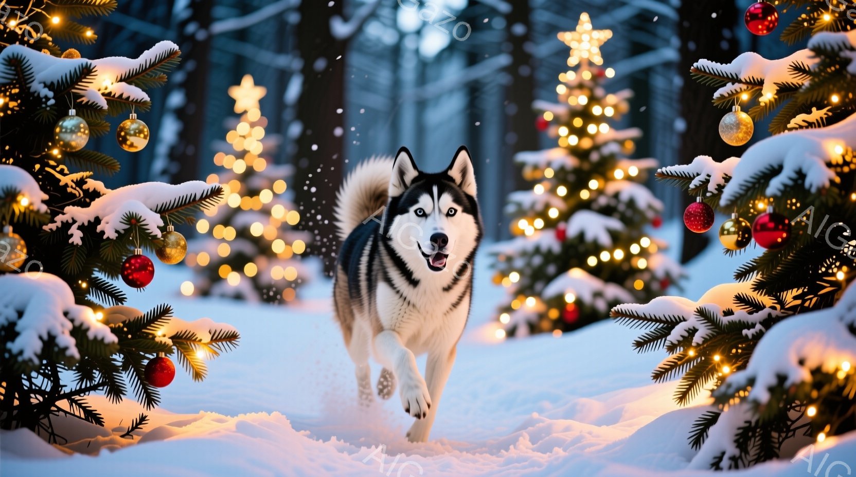 シベリアンハスキーが雪の中を駆けている姿が捉えられています。背景には、装飾されたクリスマスツリーがぼんやりと見え、雪が舞い散る冬の風景が広がっています。ハスキーは楽しそうな表情で、活気にあふれた暖かい雰囲気を醸し出しています。