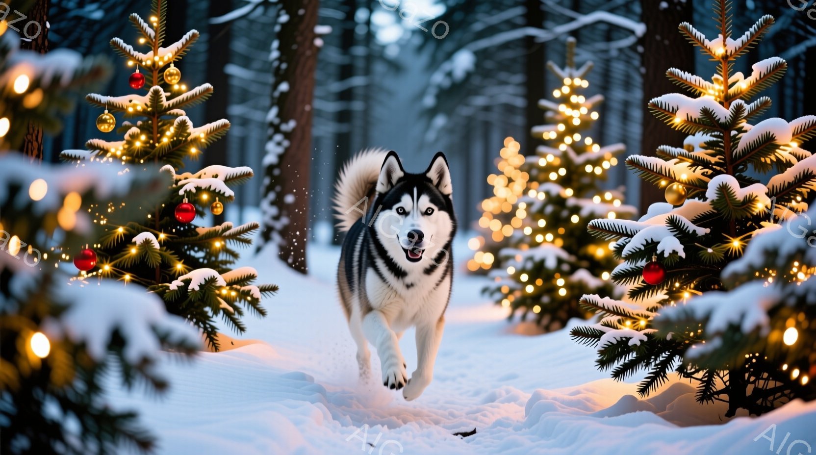 白い雪に覆われた森の中で、シベリアンハスキーが勢いよく走っている。背景には、イルミネーションで飾られたクリスマスツリーが多数あり、雪景色と光のコントラストが美しい。 全体的に暖かく、お祝いムードにあふれた、冬のワンダーランドのような雰囲気である。