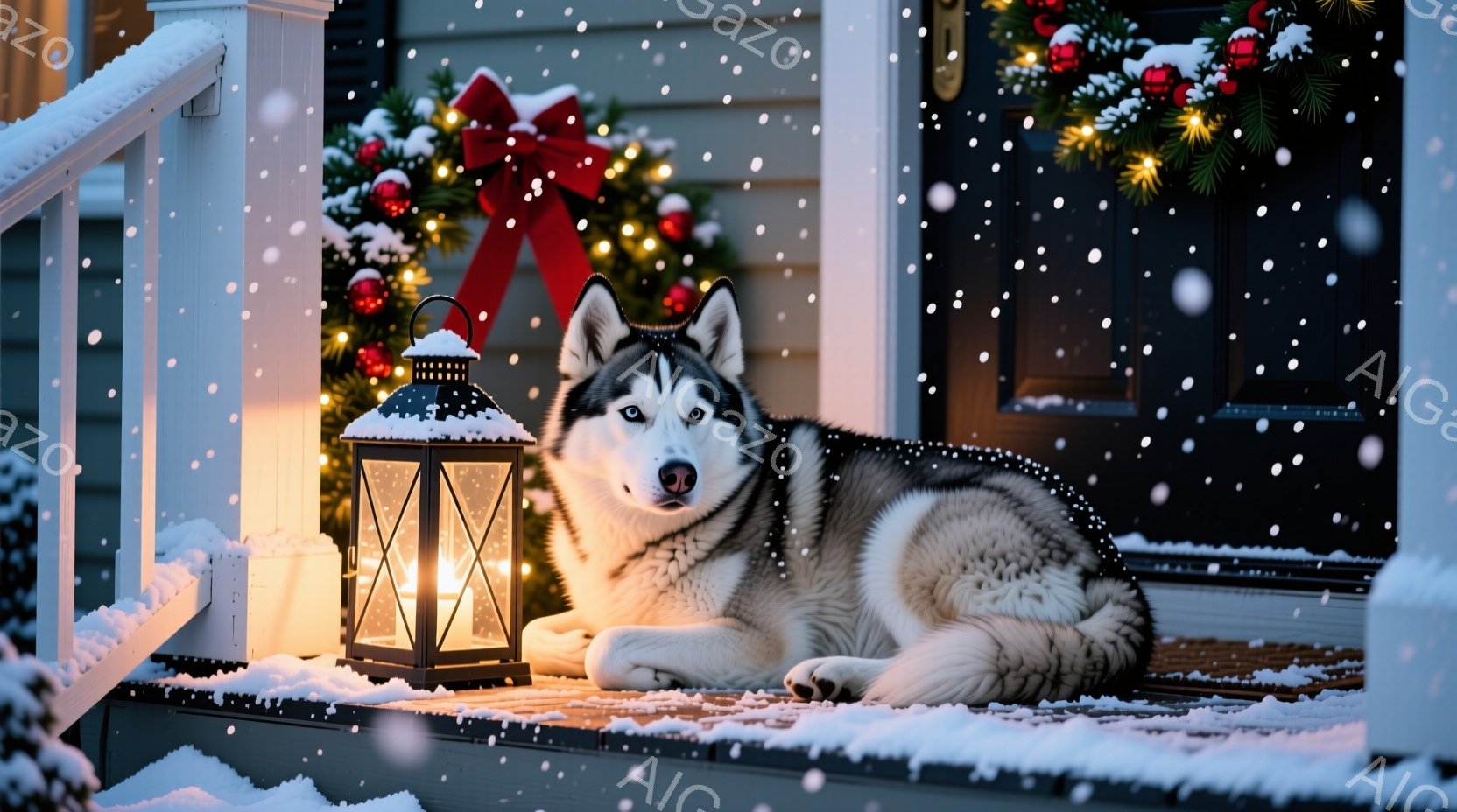 白い雪が降り積もる家の玄関先に、美しいシベリアンハスキーが横たわっています。クリスマスのリースと点灯したランタンが暖かく輝き、ハスキーの青い瞳を照らしています。雪景色と装飾が、静かで穏やかな冬の雰囲気 - AI生成フリー素材