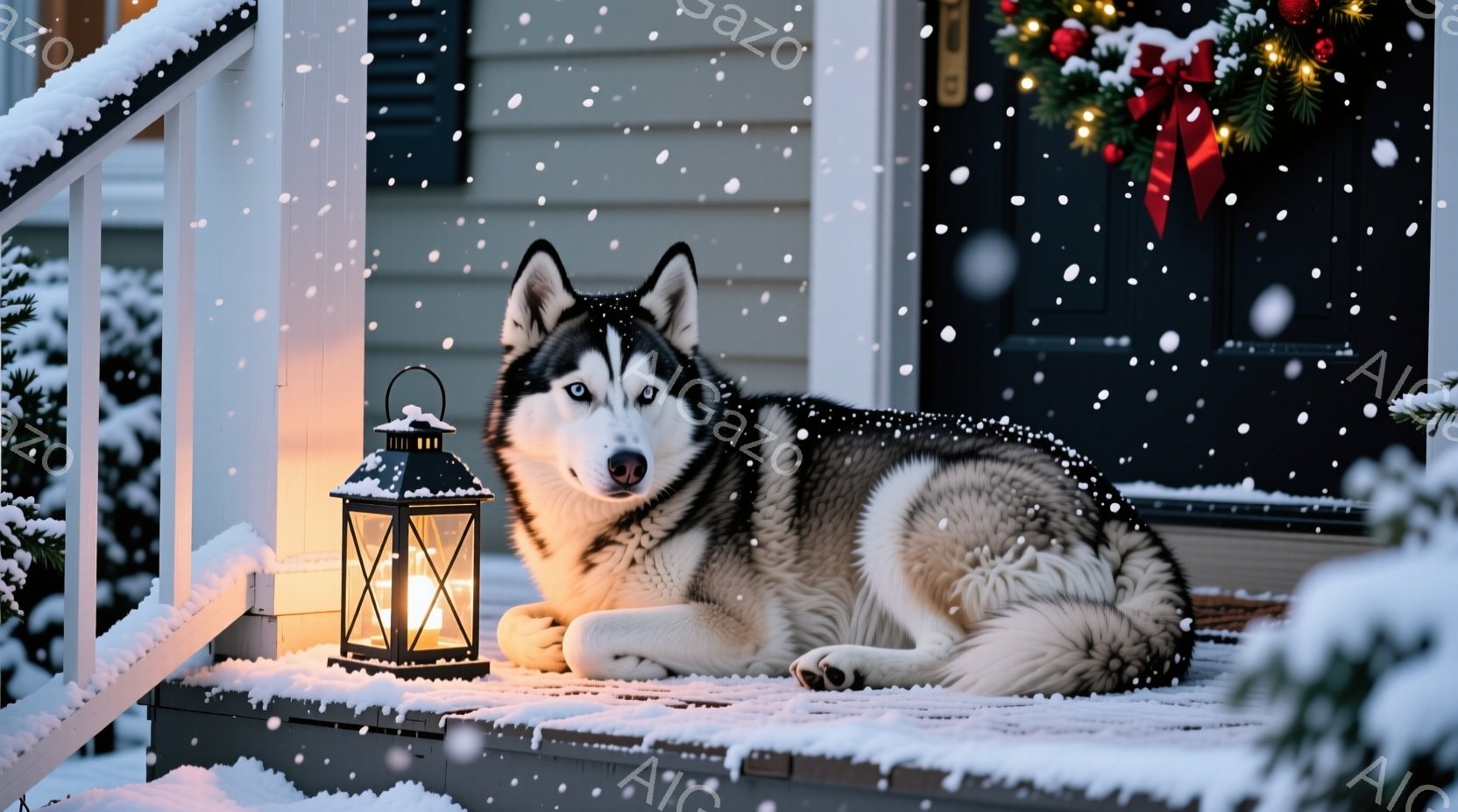 雪が降り積もる家の外の階段に、美しいシベリアンハスキーが横たわっています。ハスキーは黒と白の毛並みで、青い瞳が印象的です。背景にはクリスマスのリースが飾られた玄関ドアがあり、暖かな光を放つランタンがハスキーの隣に置かれています。