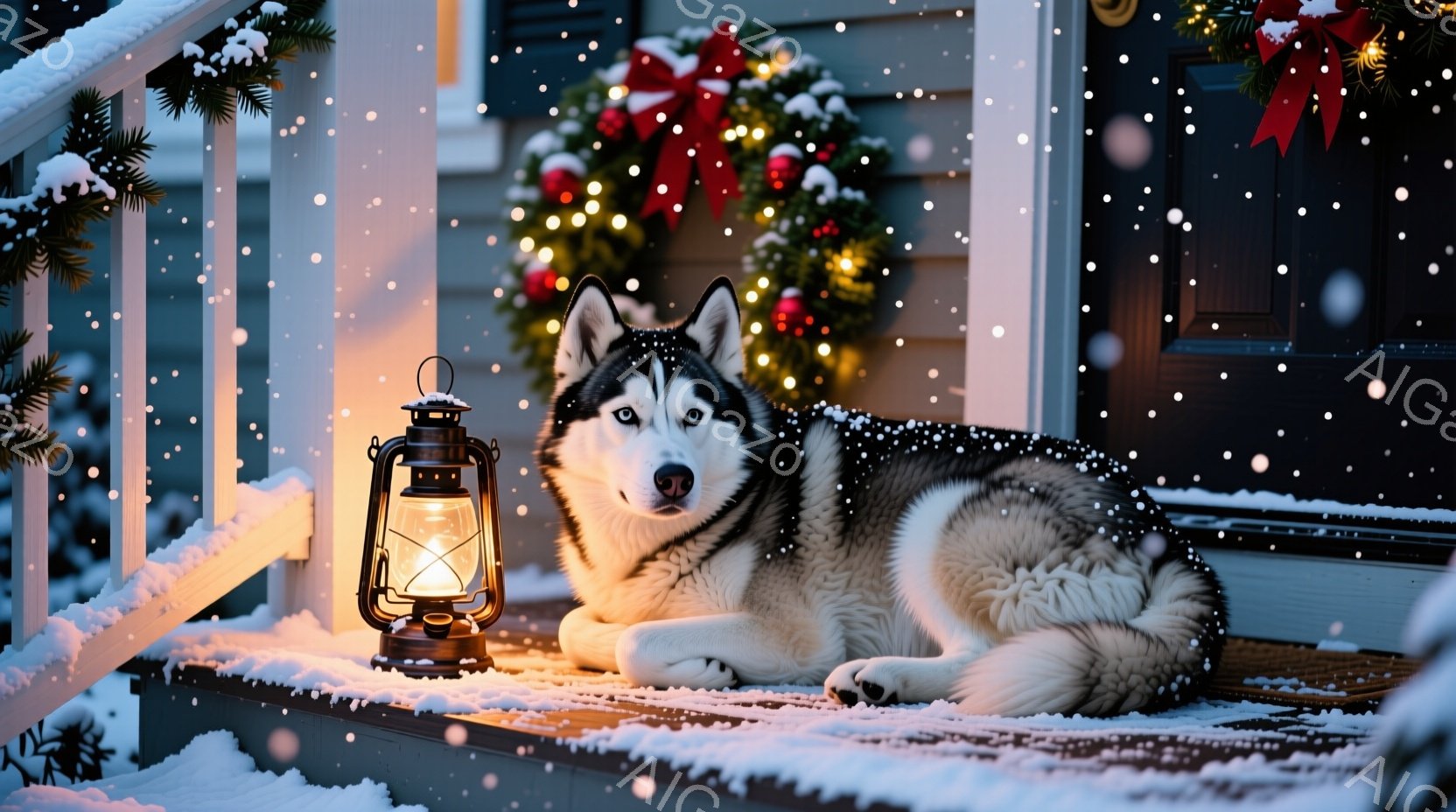 白と黒のハスキー犬が雪の積もった家の階段に横たわっています。犬は正面をまっすぐ見つめ、落ち着いた表情をしています。背景にはクリスマスリースが飾られ、ランプの温かい光が雪景色を照らし、冬の穏やかな雰囲気 - AI生成フリー素材