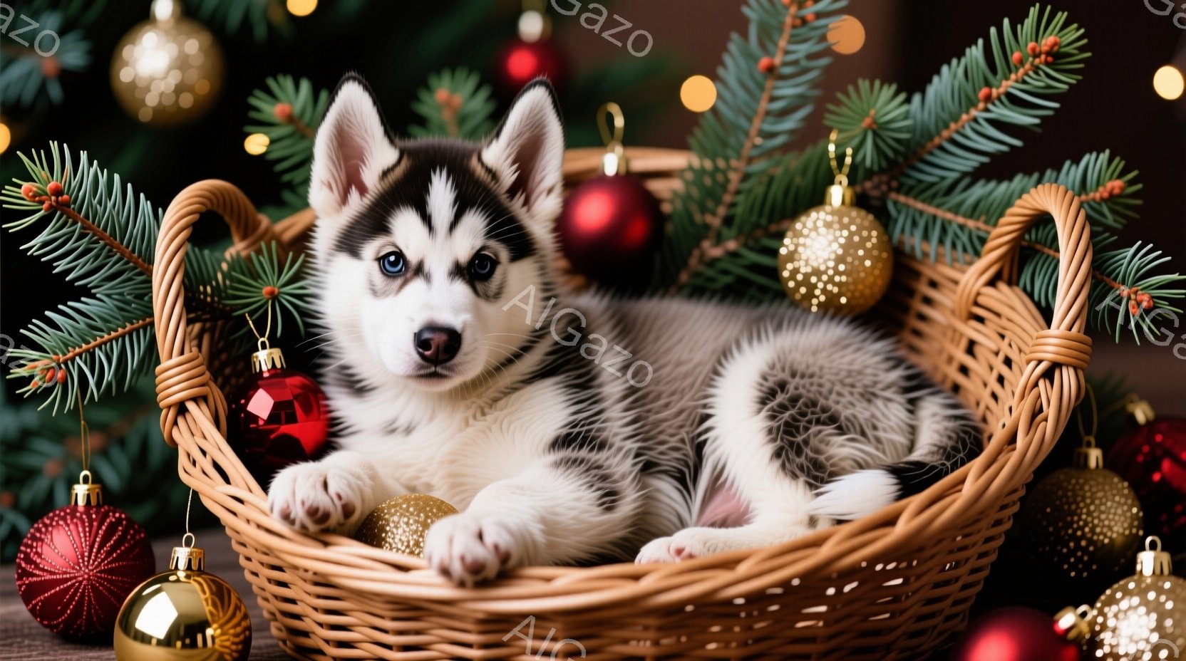 白と黒の毛並みを持つシベリアンハスキーの子犬が、編み込まれたバスケットの中に丸まって眠っています。背景にはクリスマスツリーの葉と、赤と金のオーナメントが散りばめられており、温かく、お祝いの雰囲気が漂っ - AI生成フリー素材
