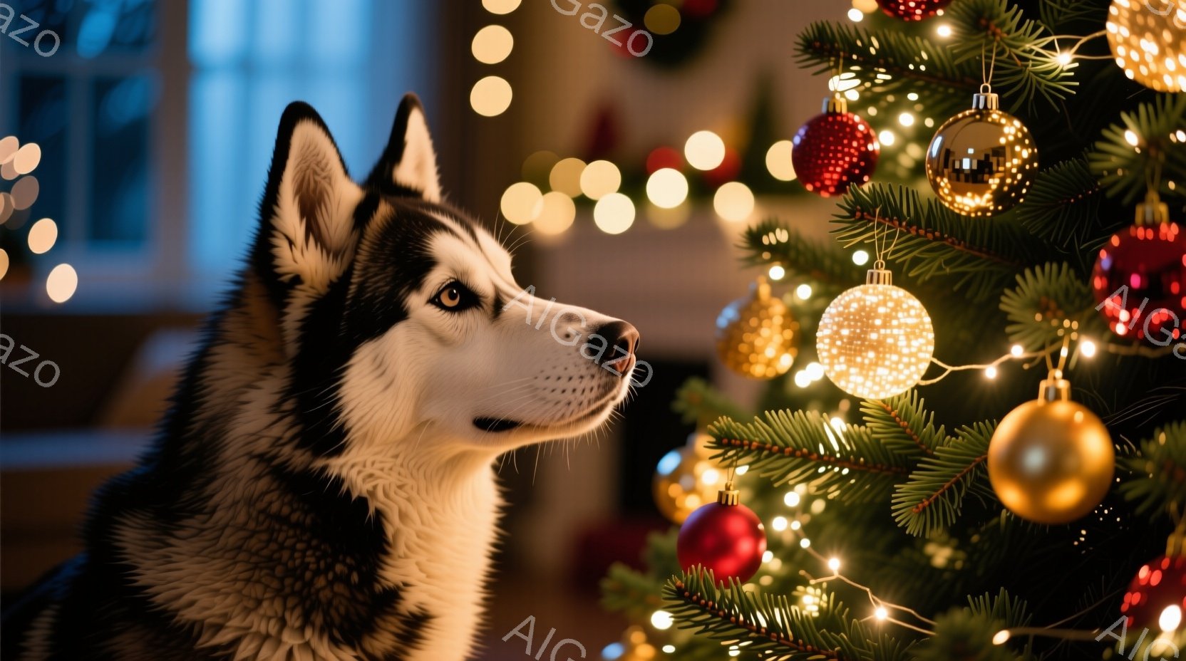 シベリアンハスキーがクリスマスツリーのそばで横を向いており、少し上を見ている様子が捉えられています。ツリーは赤と金のオーナメントで飾られ、暖かい光で照らされています。背景はぼかされており、全体的に穏や - AI生成フリー素材