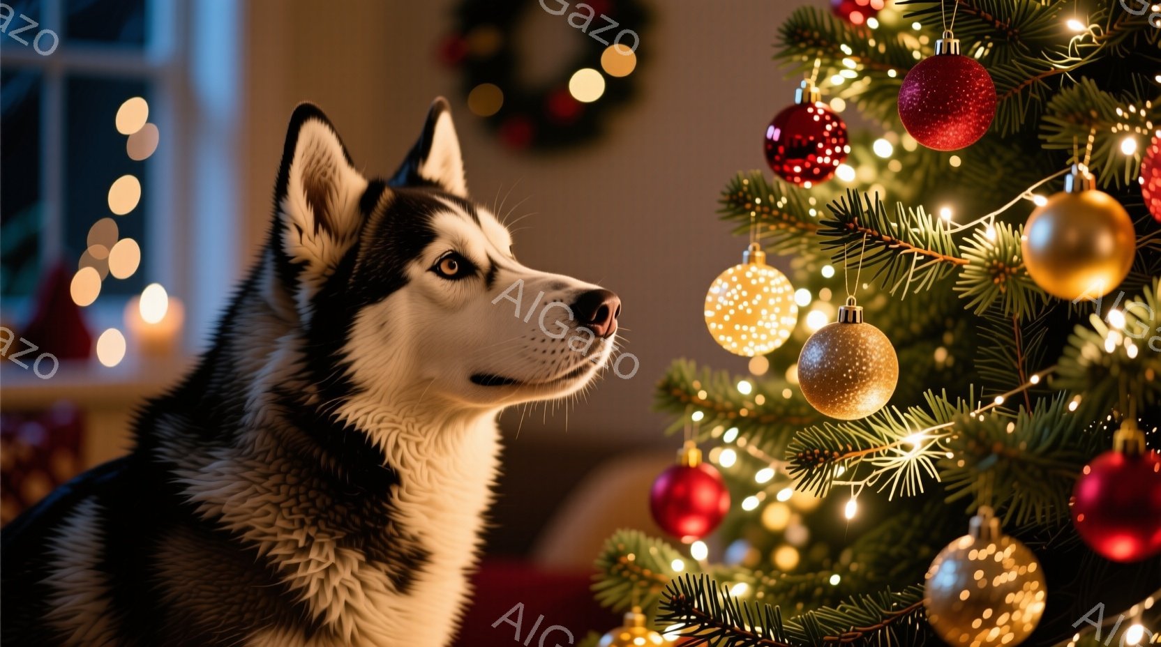 シベリアンハスキーが、クリスマスツリーのそばで横を向いて座っています。ツリーは赤と金色のオーナメントで飾られ、明るい光で照らされています。背景には、ぼやけたソファと、クリスマスの飾りが見え、暖かく、お - AI生成フリー素材