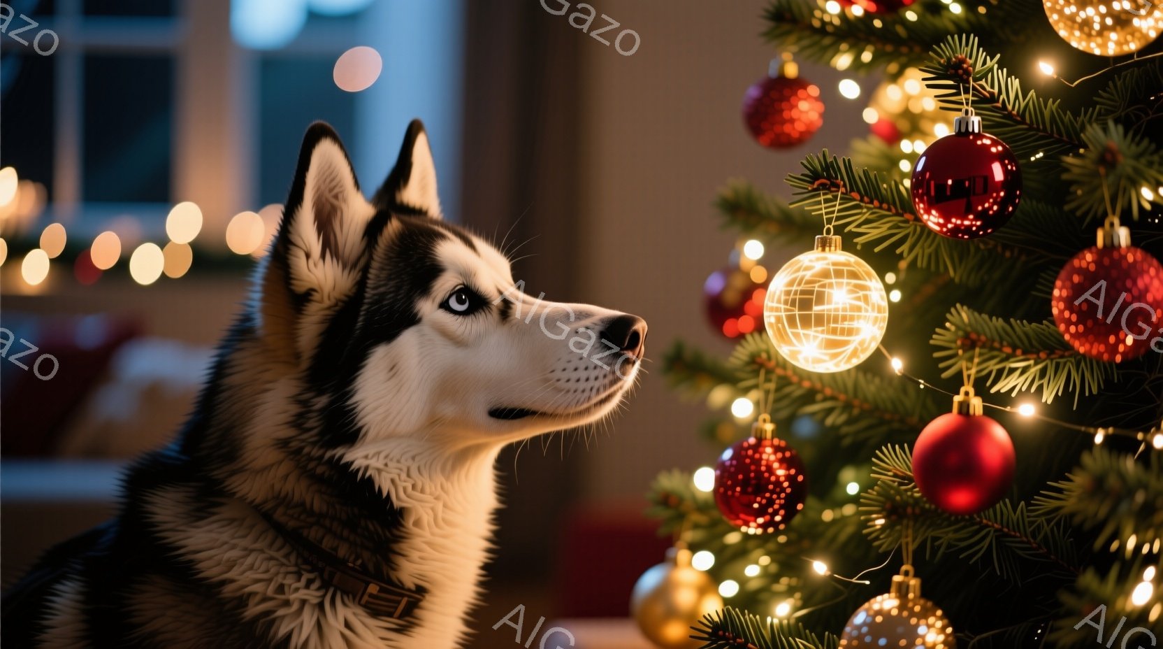 シベリアンハスキーがクリスマスツリーのそばで横を向いています。犬は黒と白の毛並みで、鋭い青い目を持ち、どこかを見つめているようです。背景には、赤や金色のオーナメントで飾られた緑のクリスマスツリーがあり - AI生成フリー素材