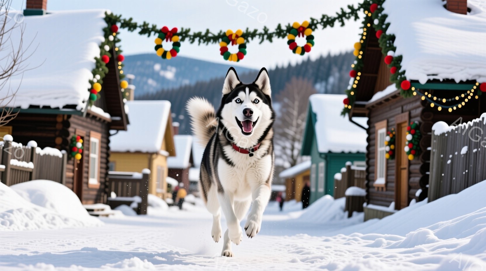 雪に覆われた村の道で、シベリアンハスキーが正面に向かって駆け寄ってきている。ハスキーは舌を出し、楽しそうな表情で、周囲の雪景色に溶け込む白と黒の毛並みをしている。背景には、装飾が施された木造の家々が並 - AI生成フリー素材