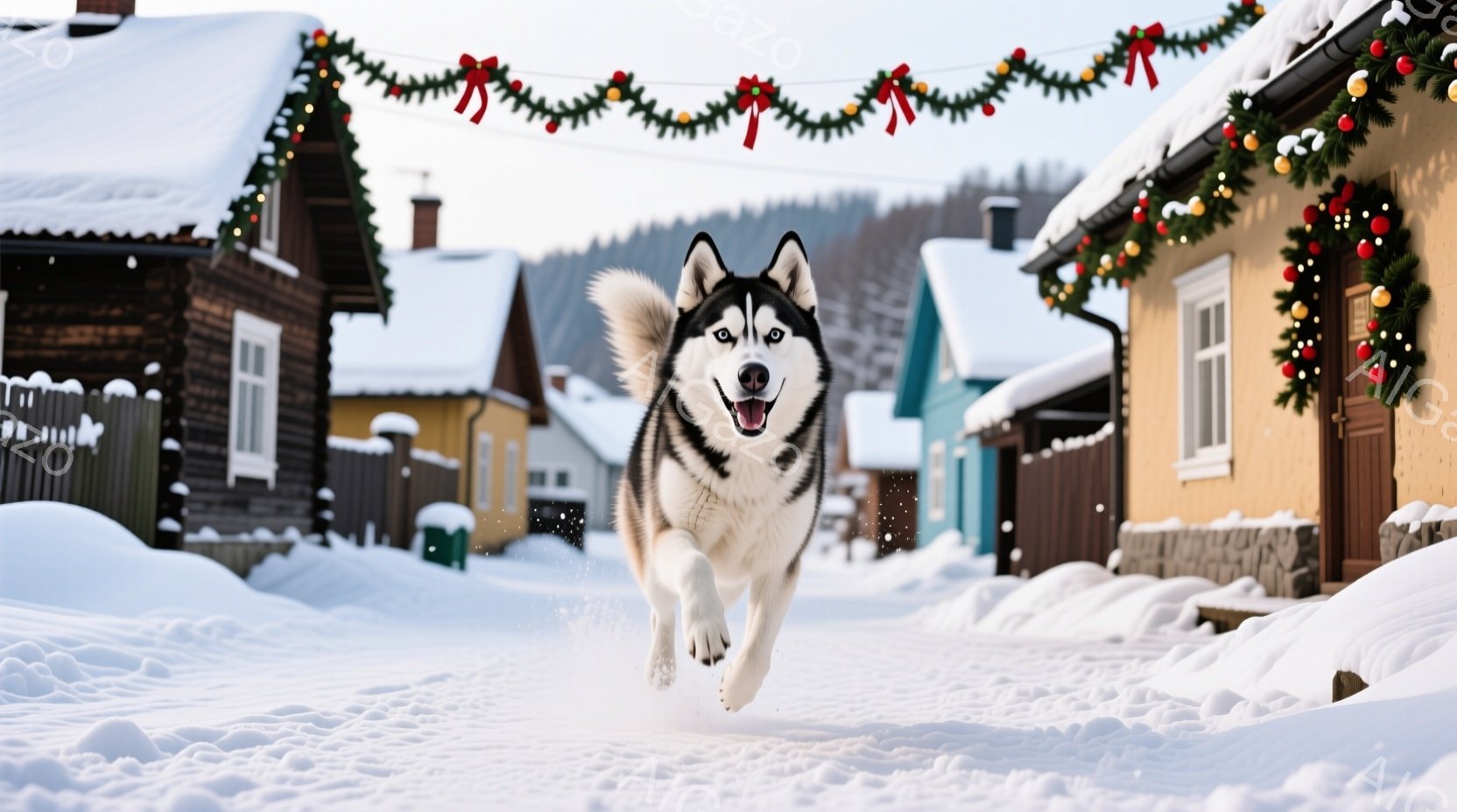 雪に覆われた静かな街並みを、シベリアンハスキーが勢いよく駆け抜けている。背景には木造の家々が連なり、雪景色の中に温かみを与えている。犬は口を開けて楽しそうに走り、その活発な姿が冬の寒さを吹き飛ばすよう - AI生成フリー素材
