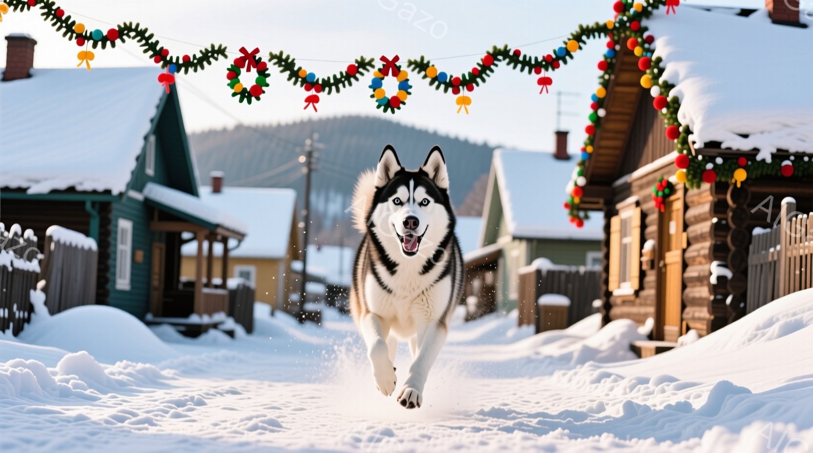 シベリアンハスキーが雪の中を勢いよく駆け抜けている様子が捉えられています。背景には雪に覆われた木造の建物が並び、クリスマスの飾り付けが施されており、冬の暖かな雰囲気を醸し出しています。雪が舞い散る中、 - AI生成フリー素材