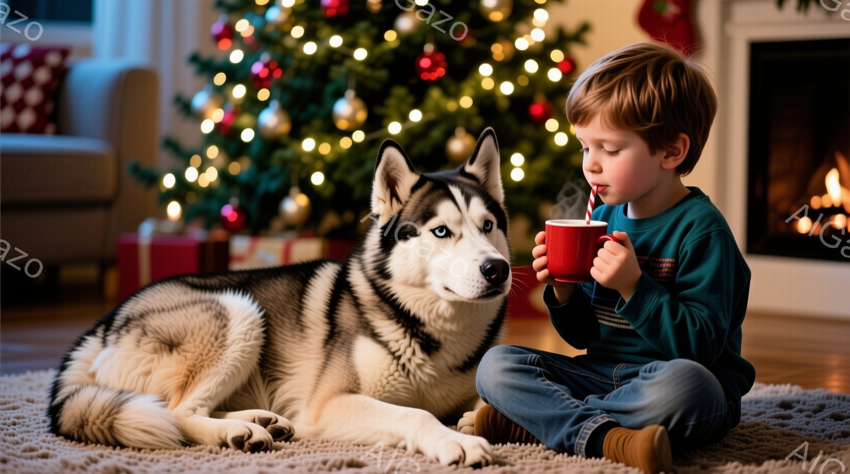 小さな少年が床に座り、赤いマグカップをストローで飲んでいます。そばにはシベリアンハスキーが横たわり、少年を見つめています。背景にはクリスマスツリーが飾られ、暖炉の火が灯り、温かく心地よい雰囲気の室内です。