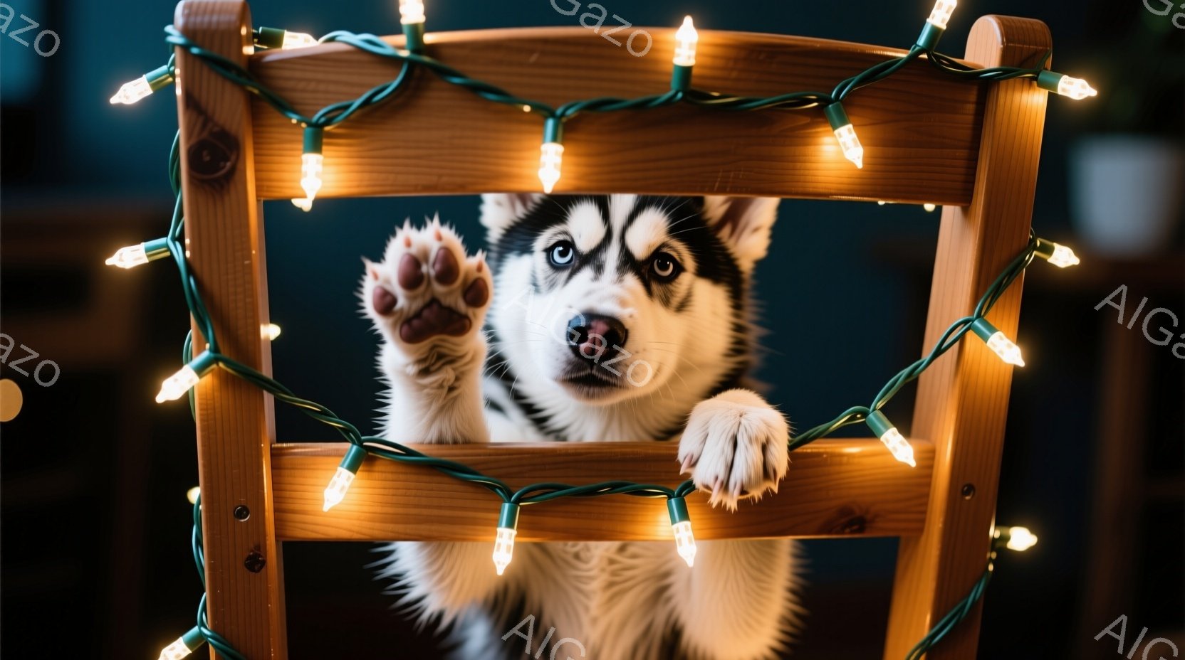 白と黒の毛並みを持つ子犬が、背もたれの木製の椅子の隙間から顔を出し、前足で何かを掴もうとしている様子が捉えられています。キラキラと光る電飾が椅子の周りを飾り、暖かく遊び心のある雰囲気を醸し出しています - AI生成フリー素材