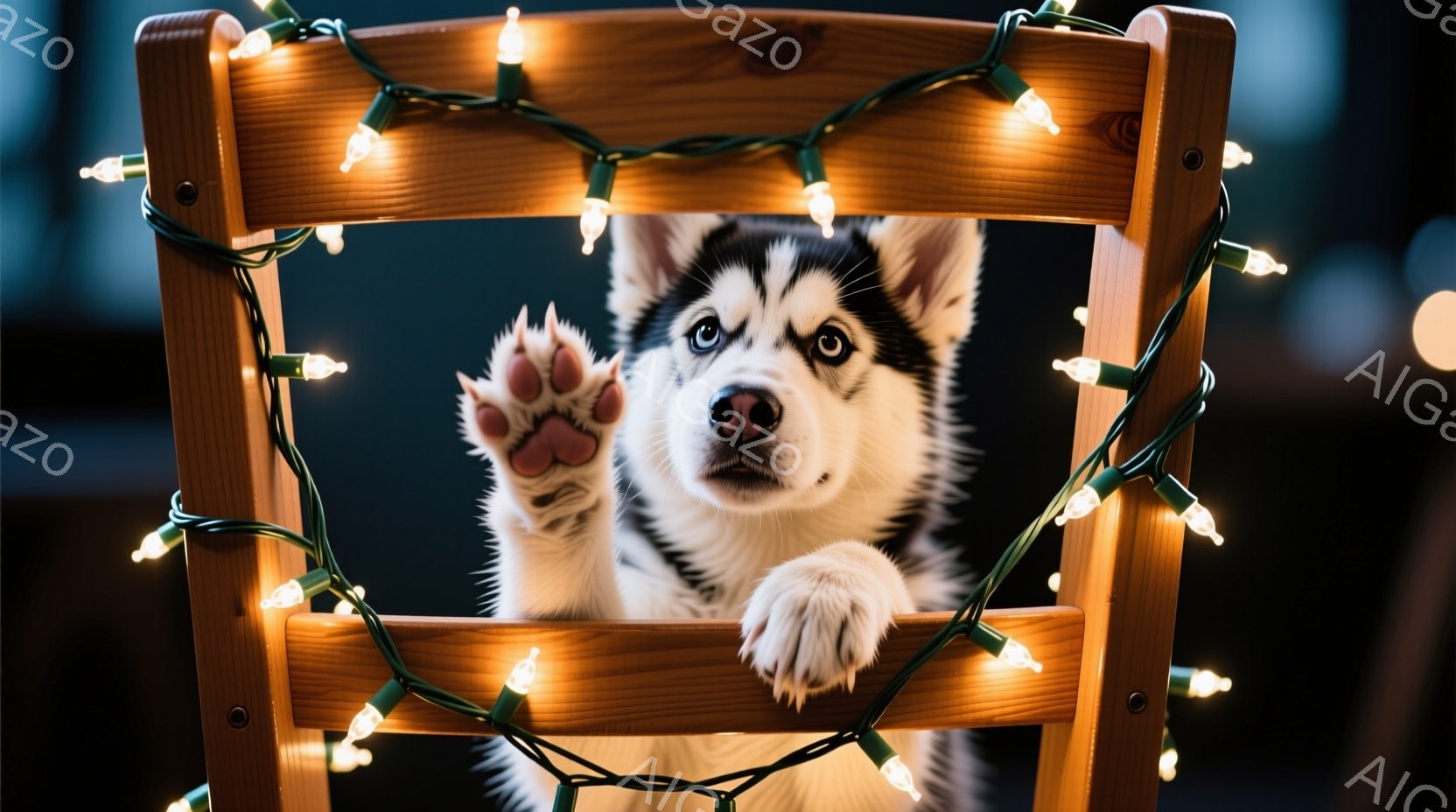 一匹のハスキーの子犬が、クリスマスライトで飾られた木の椅子の背もたれに前足をかけて覗いています。子犬は明るい青色の瞳でカメラを見つめ、少しいたずらっぽい表情を浮かべています。背景は暗くぼやけており、ラ - AI生成フリー素材