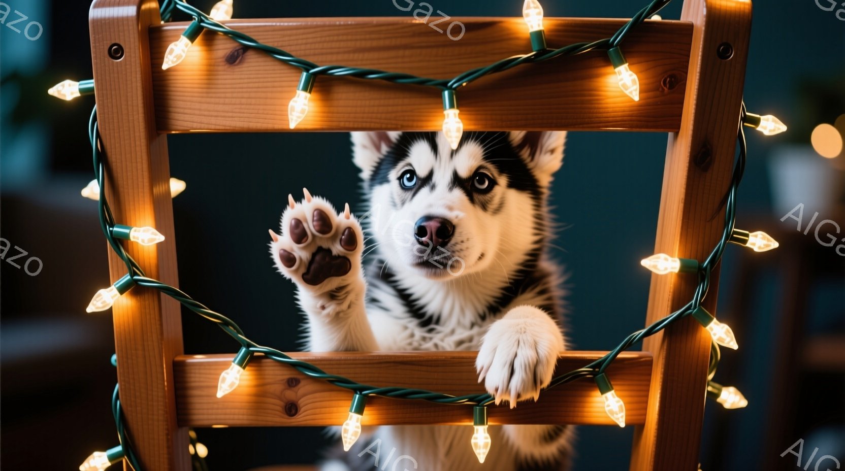 白と黒のハスキーの子犬が木製の椅子の間から片足を伸ばしてこちらを見ています。子犬は興味津々とした表情で、背景にはぼやけた緑色の光が灯ったクリスマスライトが飾られています。全体的に暖かく、遊び心のある雰 - AI生成フリー素材