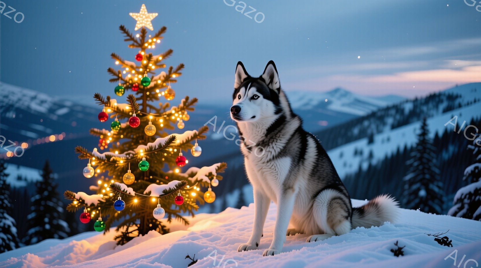 雪に覆われた丘の上に、飾り付けられたクリスマスツリーと、座っているシベリアンハスキーがいます。ハスキーはまっすぐ前を見ており、毛並みは美しく、凛々しい表情をしています。背景には雪をまとった山々と、夕焼け空が広がり、静かで幻想的な雰囲気を醸し出しています。