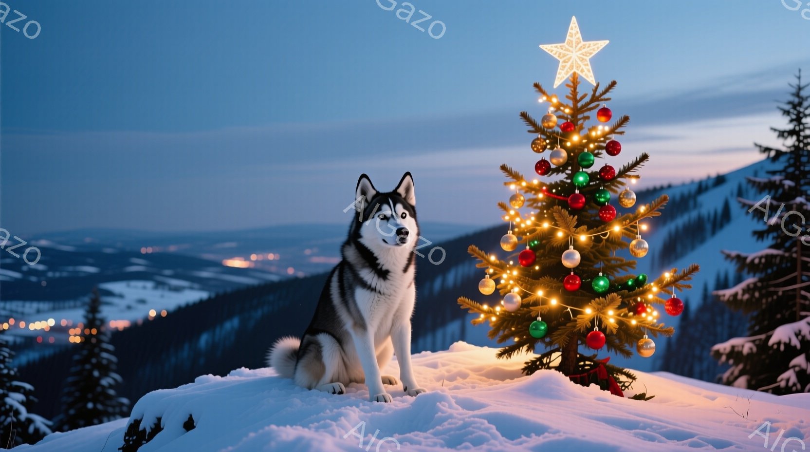 白い雪の上に座っている、黒と白のシベリアンハスキーが印象的です。背景には、ライトアップされたクリスマスツリーが輝き、遠くには雪を頂いた山々と街の明かりが広がっています。穏やかな青色の空と雪景色が、静か - AI生成フリー素材