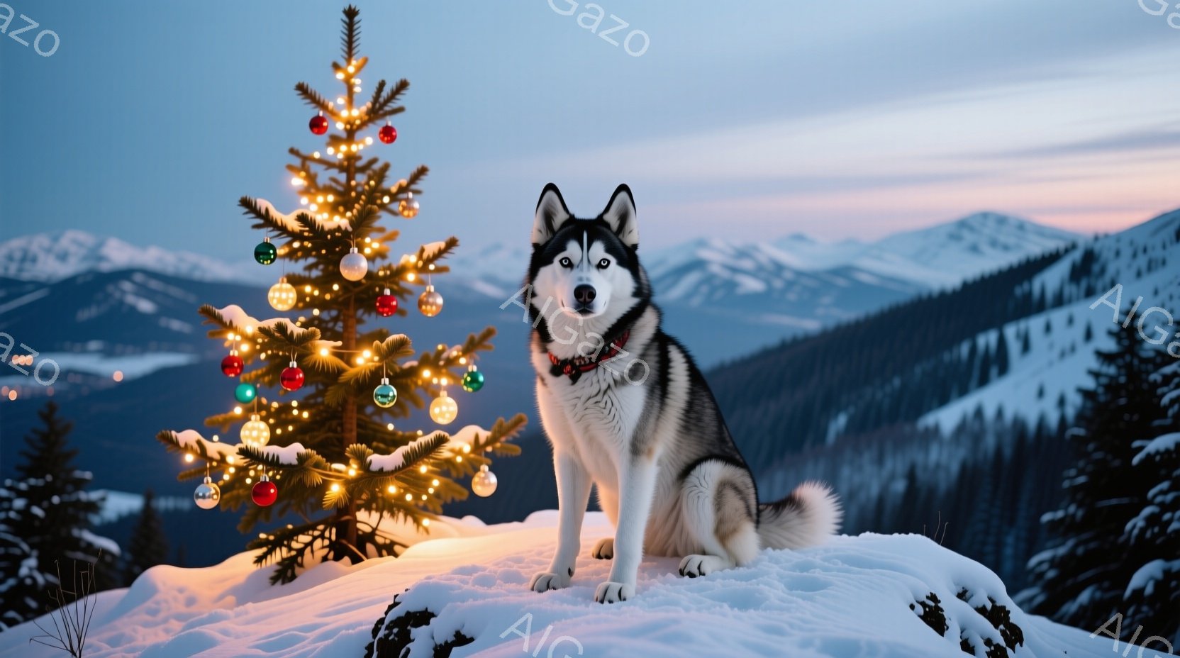 白い雪の上に飾られたクリスマスツリーのそばに、シベリアンハスキーが座っています。ハスキーは首輪をつけており、まっすぐ前を見て落ち着いた表情をしています。背景には雪をまとった山々が広がり、穏やかで冬の静 - AI生成フリー素材