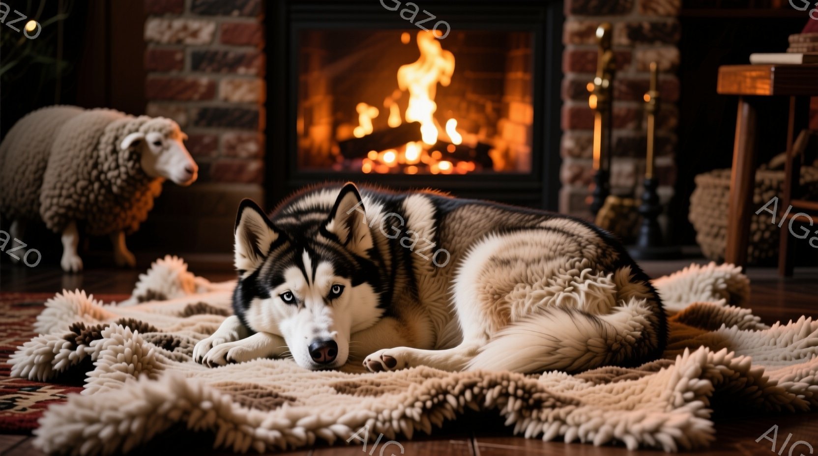 シベリアンハスキーが、ふわふわのベージュ色のラグの上に横たわっている。背景には暖炉があり、炎が燃え盛っているのが見える。暖炉のそばには羊の置物があり、全体的に温かく、居心地の良い雰囲気である。 - AI生成フリー素材