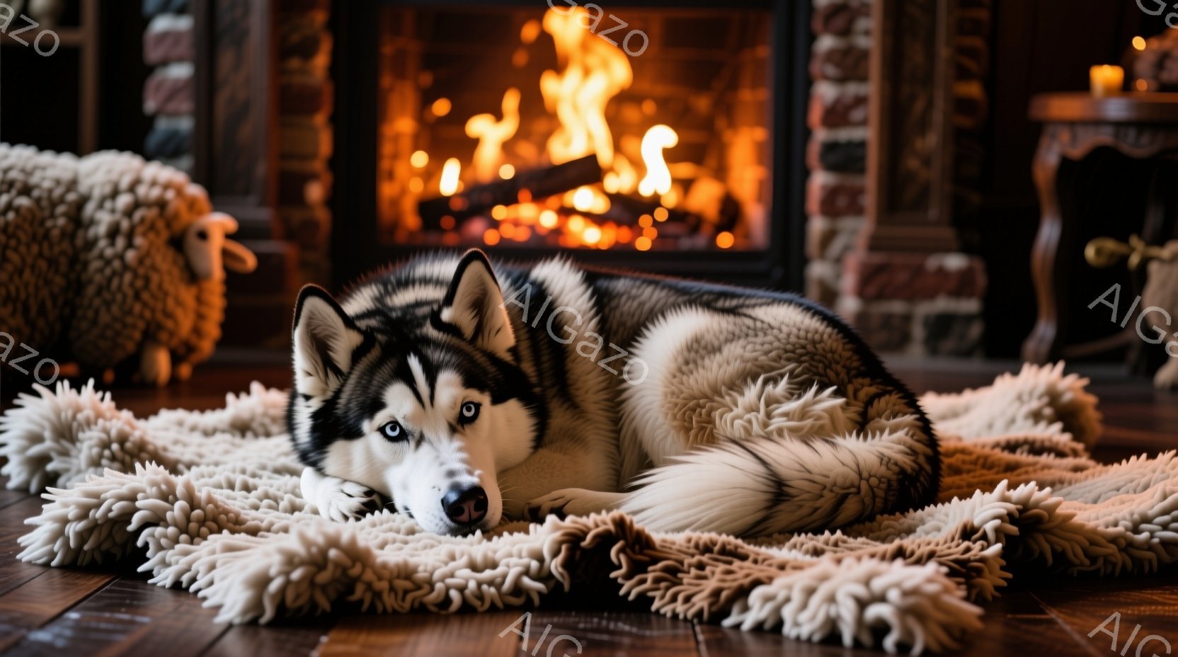 鮮やかな青い目を持つシベリアンハスキーが、ふわふわの白いラグの上に横たわっています。暖炉の炎が背景にあり、暖かい雰囲気を作り出しています。ハスキーはリラックスした表情で、部屋全体が落ち着いた空間を演出 - AI生成フリー素材