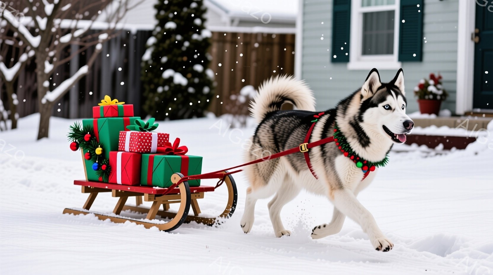 シベリアンハスキーが雪の上をそりに引かれて走っている。 そりにはカラフルなプレゼントが積み重ねられ、クリスマスツリーの飾りで飾られている。 背景には白い家と、雪が舞う冬の風景が広がり、暖かく楽しい雰囲 - AI生成フリー素材