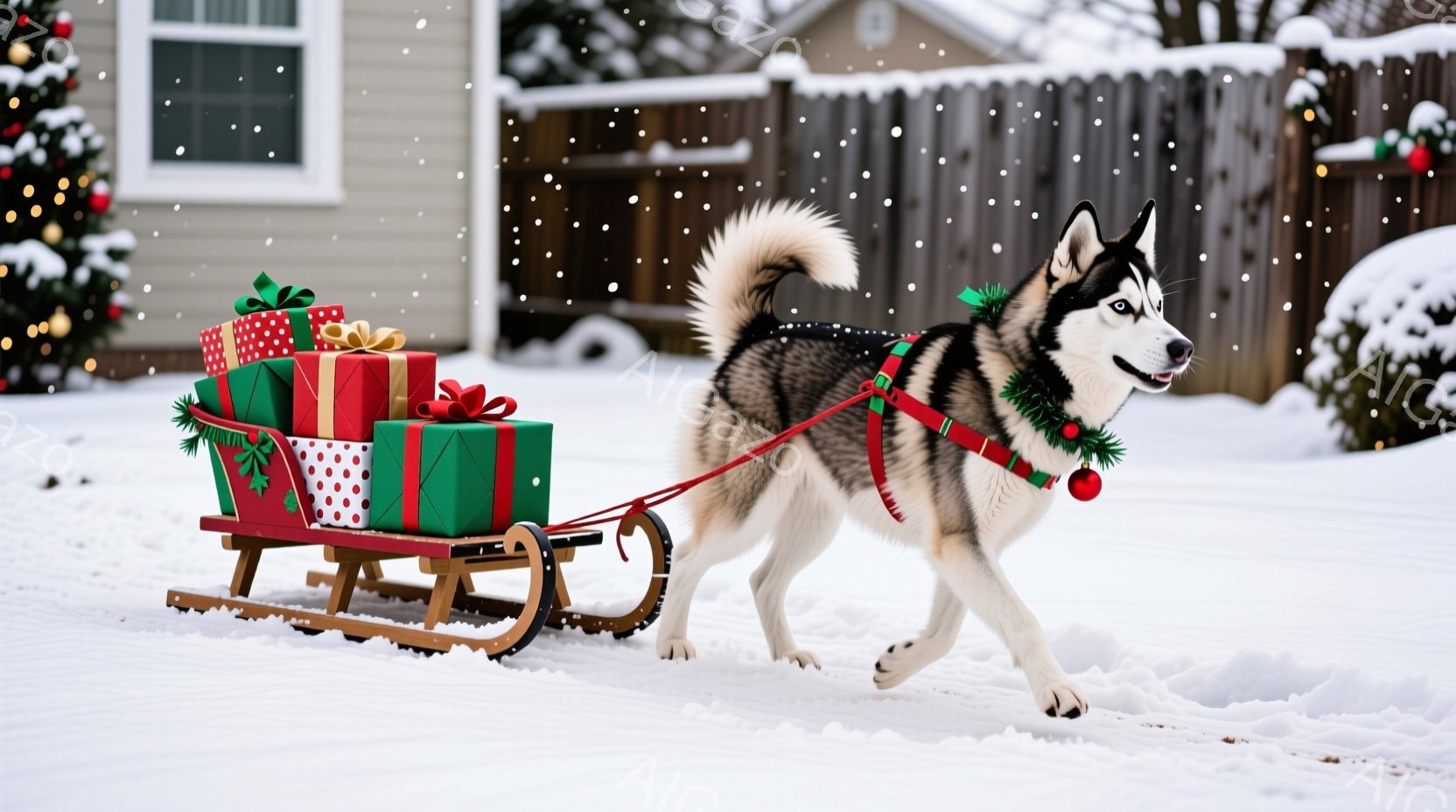 シベリアンハスキーが、プレゼントが積まれたそりを雪の上で引いています。犬は赤い首輪とベルの飾りをつけており、力強く前進する姿が印象的です。背景には雪で覆われたフェンスと、クリスマスツリーの明かりが見え - AI生成フリー素材