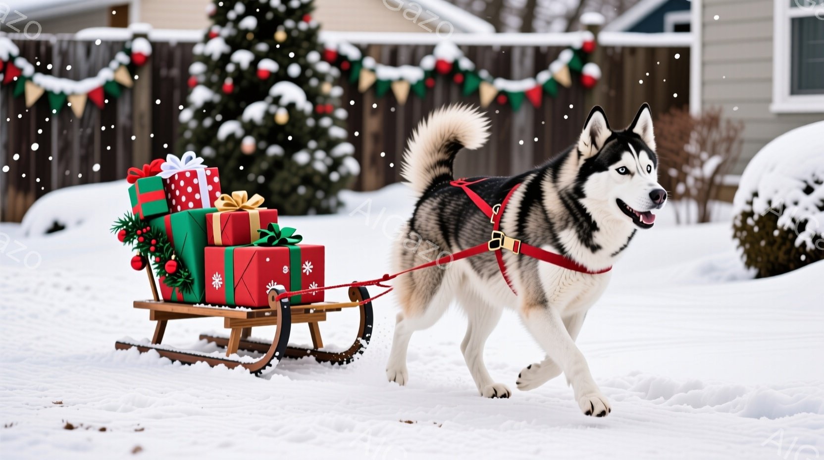 シベリアンハスキーが雪の上をそりに引いて走っている。そりにはカラフルなラッピングされたプレゼントが積み重ねられており、犬は楽しそうな表情で前方を向いている。背景にはクリスマスデコレーションが施された家 - AI生成フリー素材