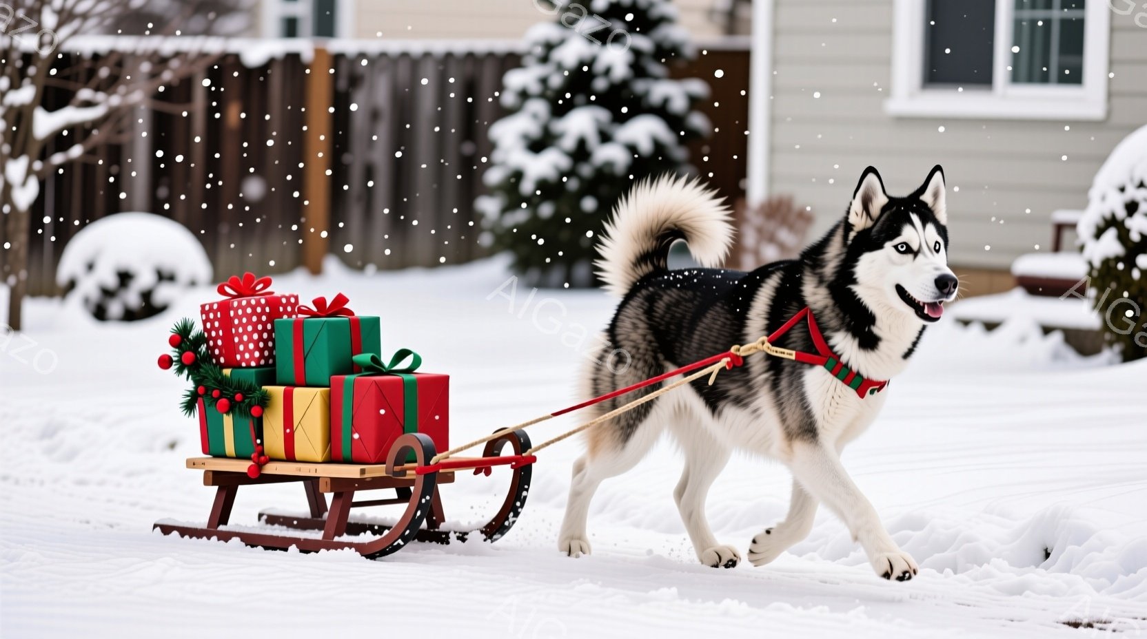 雪景色の中で、シベリアンハスキーがプレゼントを積んだソリを引いています。犬は赤い首輪をつけ、楽しそうに前を見つめて走っており、その表情は活発で幸せそうです。背景には雪に覆われた木々やフェンス、そして白 - AI生成フリー素材