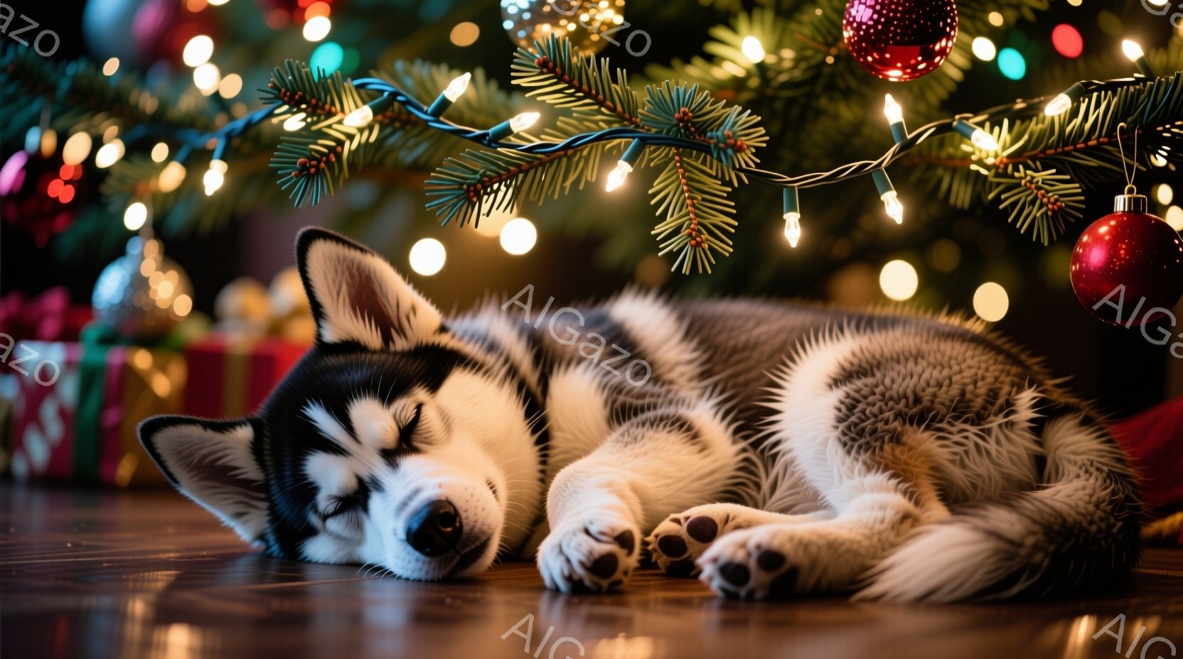 暖炉のそばの床に、眠っている子犬のシベリアンハスキーが横たわっています。クリスマスツリーの暖かい光が子犬を照らし、背景にはプレゼントが置かれたクリスマスツリーがぼんやりと見えます。全体的に、温かく、居 - AI生成フリー素材