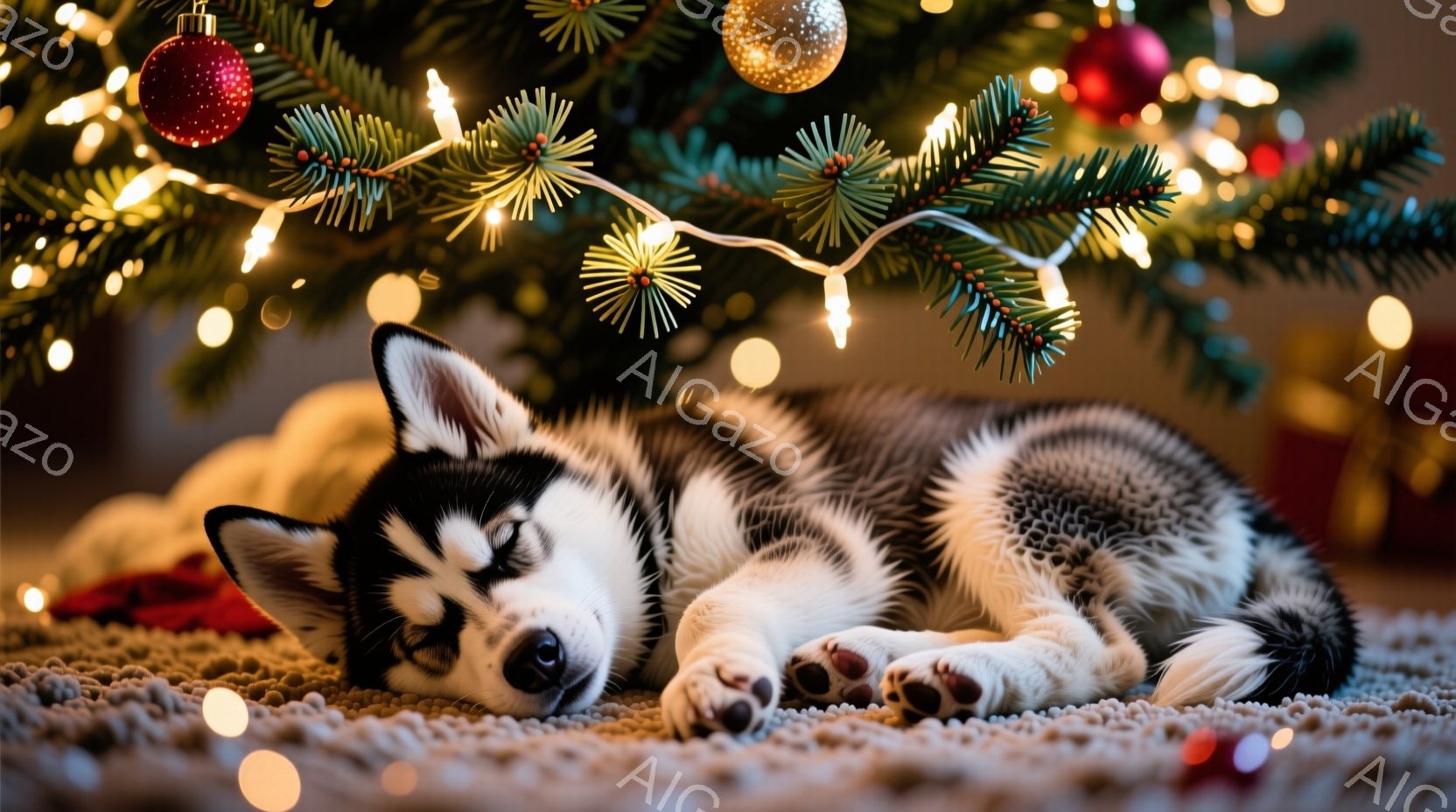 白と黒のシベリアンハスキーの子犬が、毛足の長いカーペットの上に仰向けになって眠っています。背景にはクリスマスツリーが飾られ、温かい光が子犬を照らしています。クリスマスの飾りと子犬の穏やかな表情から、暖 - AI生成フリー素材