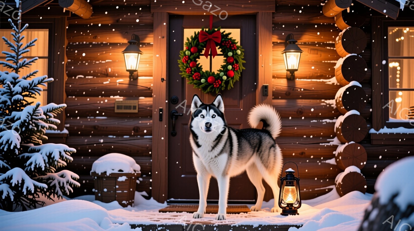 雪が降り積もる丸太造りの家の正面に、美しいハスキー犬が立っている。クリスマスのリースが飾られた茶色のドア、両脇のランタン、雪に覆われた庭が暖かく穏やかな雰囲気を醸し出している。犬は正面を向き、凛々しい - AI生成フリー素材
