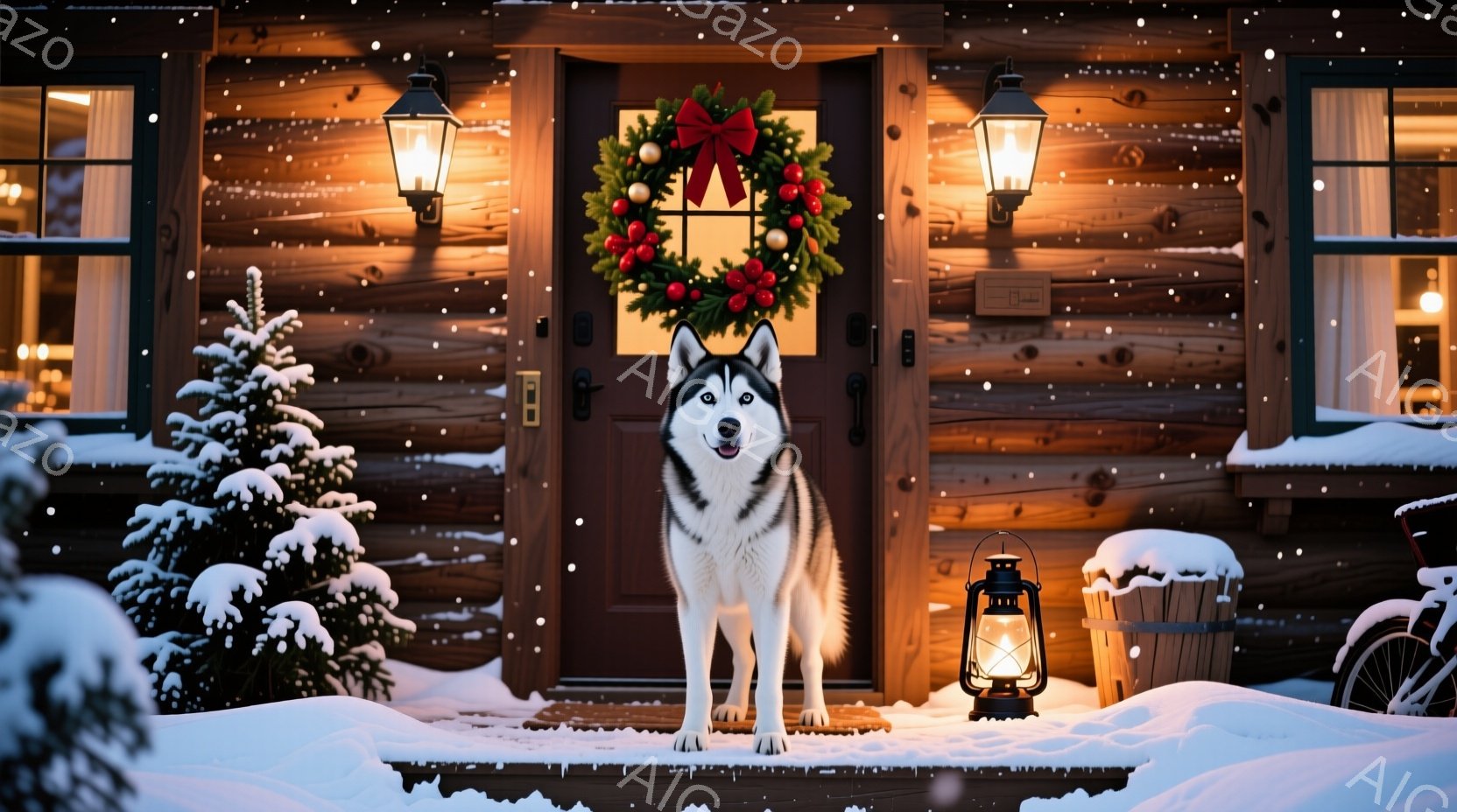 雪が降り積もるログハウスの入り口に、シベリアンハスキーが凛々と立っている。正面のドアには赤いリボンと装飾が施されたクリスマスリースが飾られ、両脇には点灯したランタンが暖かな光を灯している。雪景色と温か - AI生成フリー素材