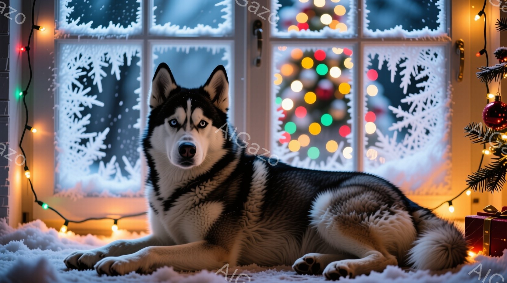 シベリアンハスキーが白い敷物の上に横たわっており、窓の外には雪景色が広がっています。窓には霜模様が描かれ、カラフルなイルミネーションが窓枠や敷物を飾り、クリスマスの雰囲気を醸し出しています。暖かく穏や - AI生成フリー素材