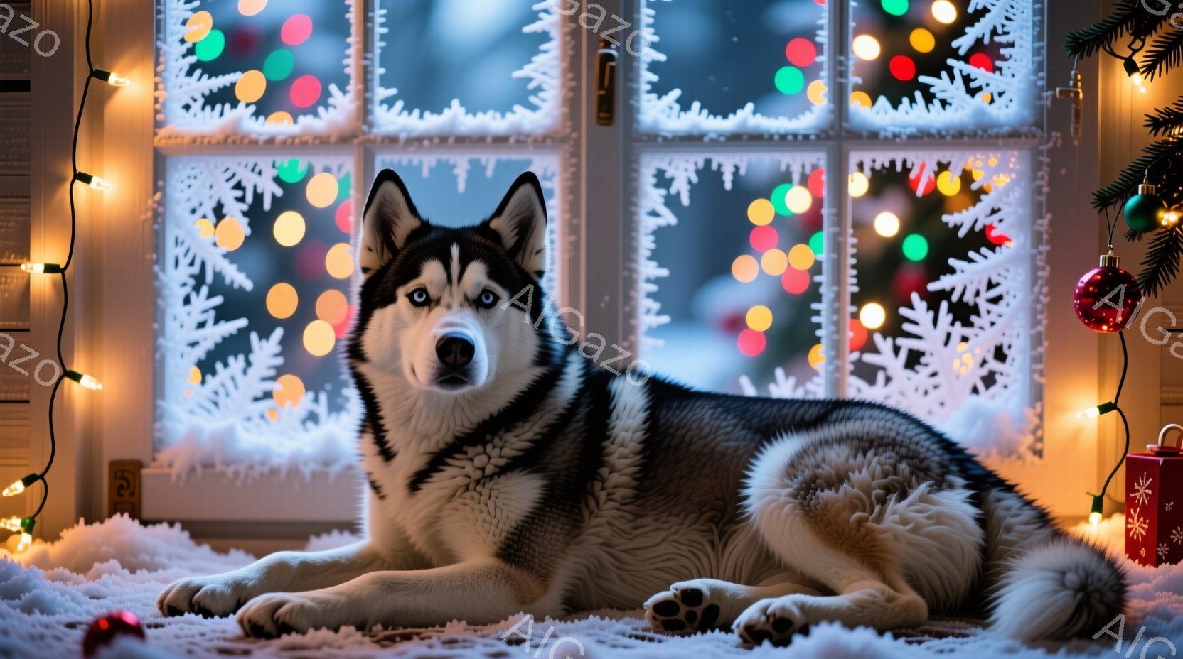 白と黒のシベリアンハスキーが窓辺でリラックスして横たわっています。窓には雪の結晶模様が描かれており、背景にはぼやけたクリスマスツリーの光が輝き、雪が降る夜の穏やかな雰囲気を醸し出しています。ハスキーは - AI生成フリー素材