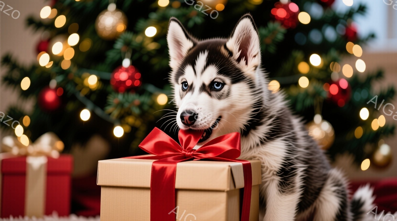 白と黒の毛並みを持つシベリアンハスキーの子犬が、赤いリボンで飾られたベージュ色のギフトボックスの横に座っています。子犬は青い目を輝かせ、少し口を開けており、好奇心と楽しそうな表情を浮かべています。背景 - AI生成フリー素材