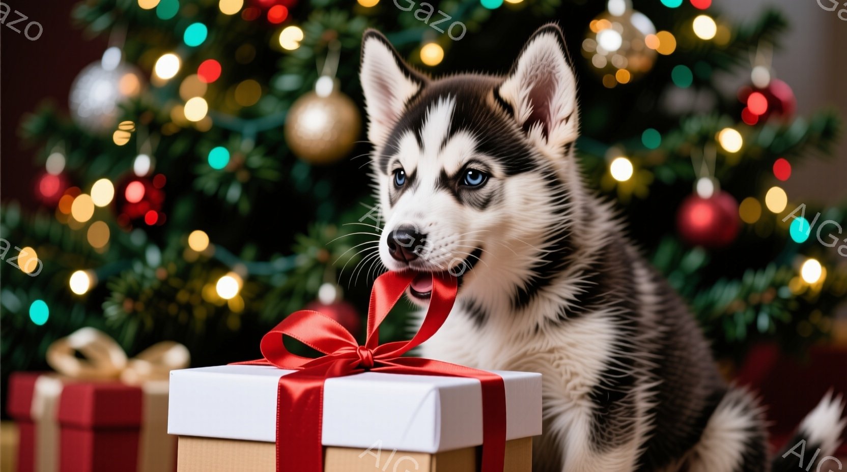シベリアンハスキーの子犬が、赤いリボンで結ばれたプレゼントボックスの前に座っています。子犬は少し口を開けてリボンをかじっており、好奇心と喜びにあふれた表情をしています。背景には、色とりどりのオーナメン - AI生成フリー素材