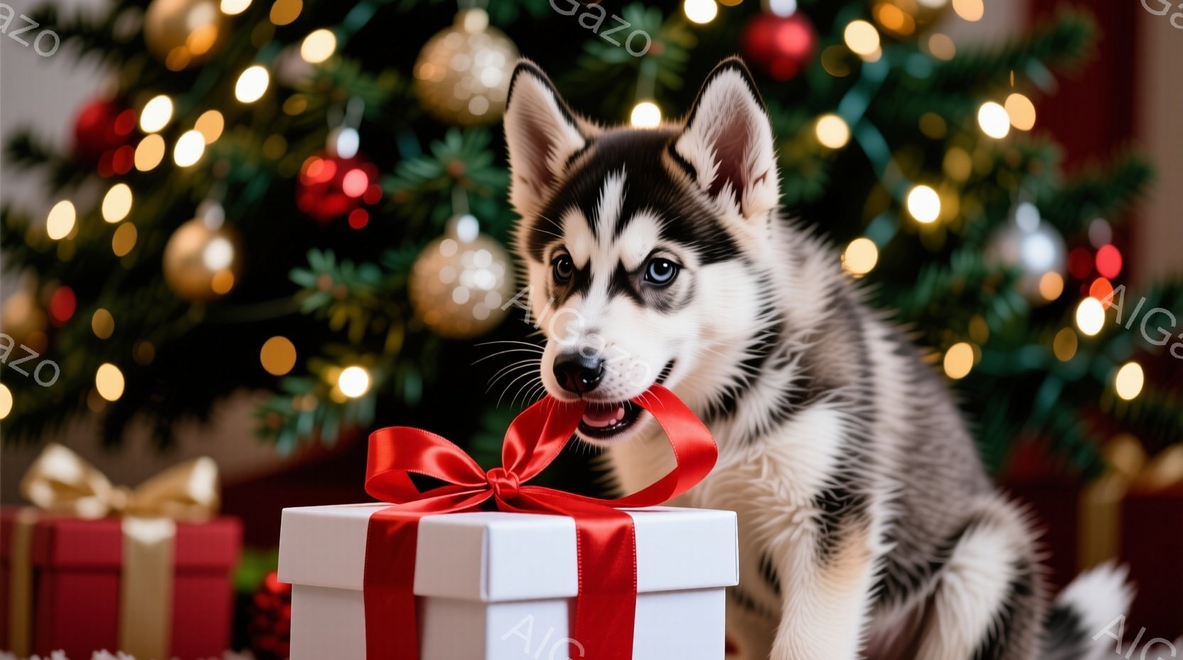 白いプレゼントボックスを前に、シベリアンハスキーの子犬が口にくわえて遊んでいます。背景には、キラキラと輝くクリスマスツリーの飾りと、他のプレゼントボックスが見え、暖かいお祝いの雰囲気が漂っています。子 - AI生成フリー素材